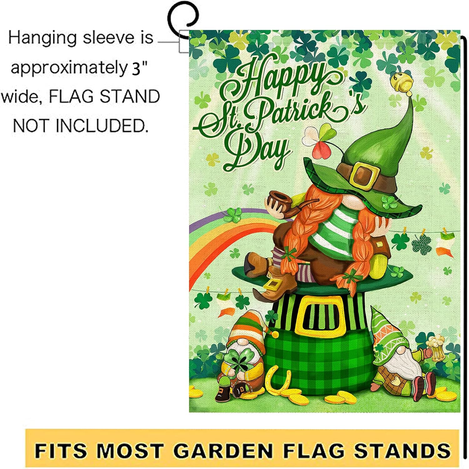 St Patricks Flags 28x40 Double Sided, Happy St. Patrick's Day Gnomes Shamrocks Burlap House Flag, Ireland Leprechaun with Green Hat Gold Rainbow Signs Gifts for Home Garden Yard Lawn Outside Decor