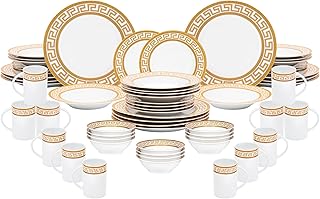 60 Piece Porcelain Dinnerware Sets – Service for 12 Plates, Mugs, Bowls – White with Gold Greek Key Design Dish Set for Kitchen Table, Everyday Dining or Formal Occasions (Meander Gold)