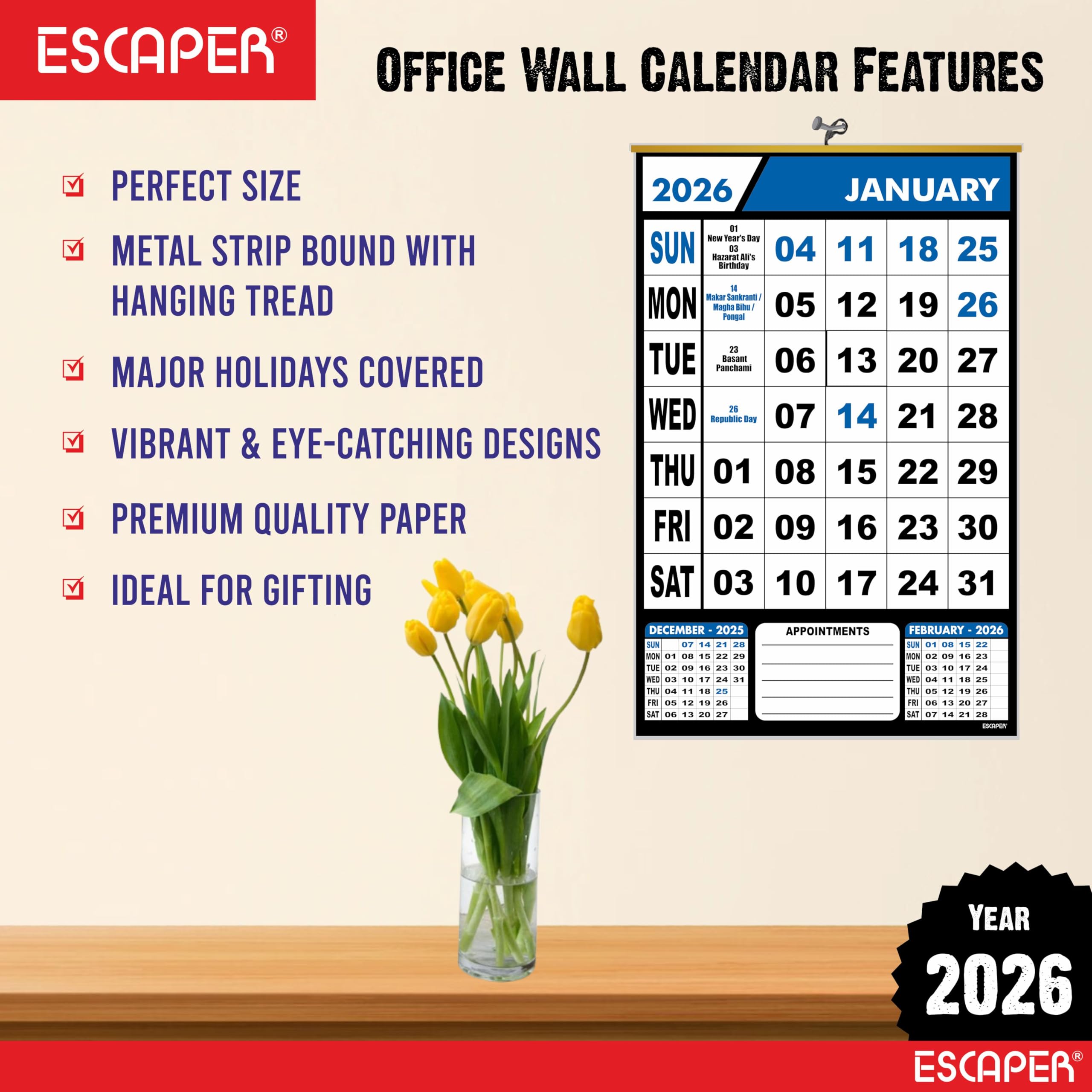 ESCAPER Calendario de pared azul 2026, calendario colgante grande con vacaciones indias, planificador mensual, papel de 100 g/m², diseño fácil de colgar, calendario de Año Nuevo 2026