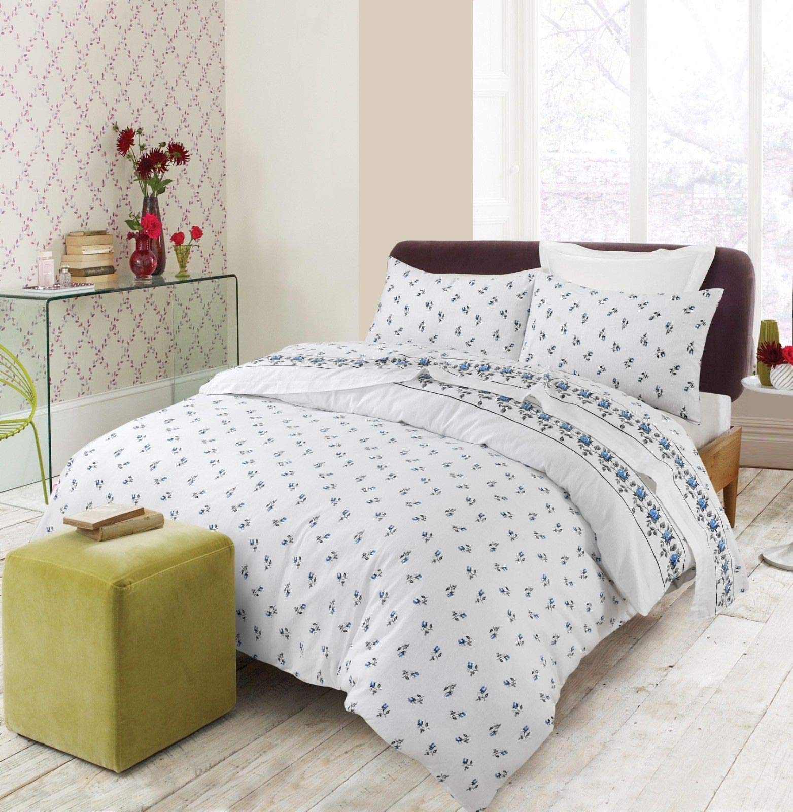 Nz Blue Rose Bud Floral Pattern Luxurious Flannelette 100% Natural Brushed Cotton Thermal Duvet Cover Sets Reversible Bedding Sets (, Single)