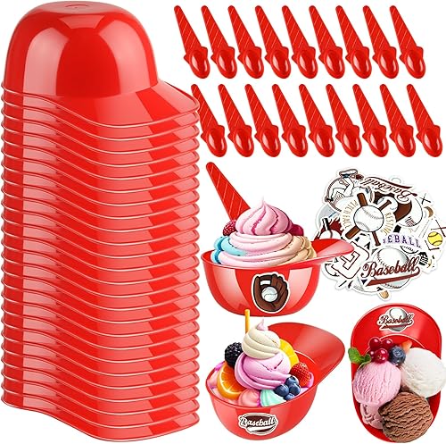 Miniatura 17 de MEEZY Juego de 50 cuencos de helado para casco de béisbol con 25 mini tazas de postre y 25 cucharas, gorra de béisbol reutilizable de 8 onzas