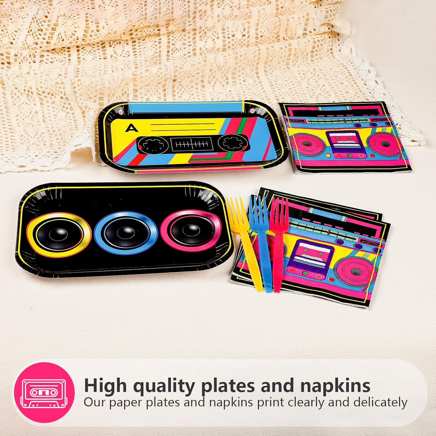 96Pcs 80s 90s Party Decorations Cassette Tape Plates and Napkins Retro Disco Music Themed Supplies Hip Hop Kpop Disposable Tableware for Retro 80s 90s Birthday Party Decorations