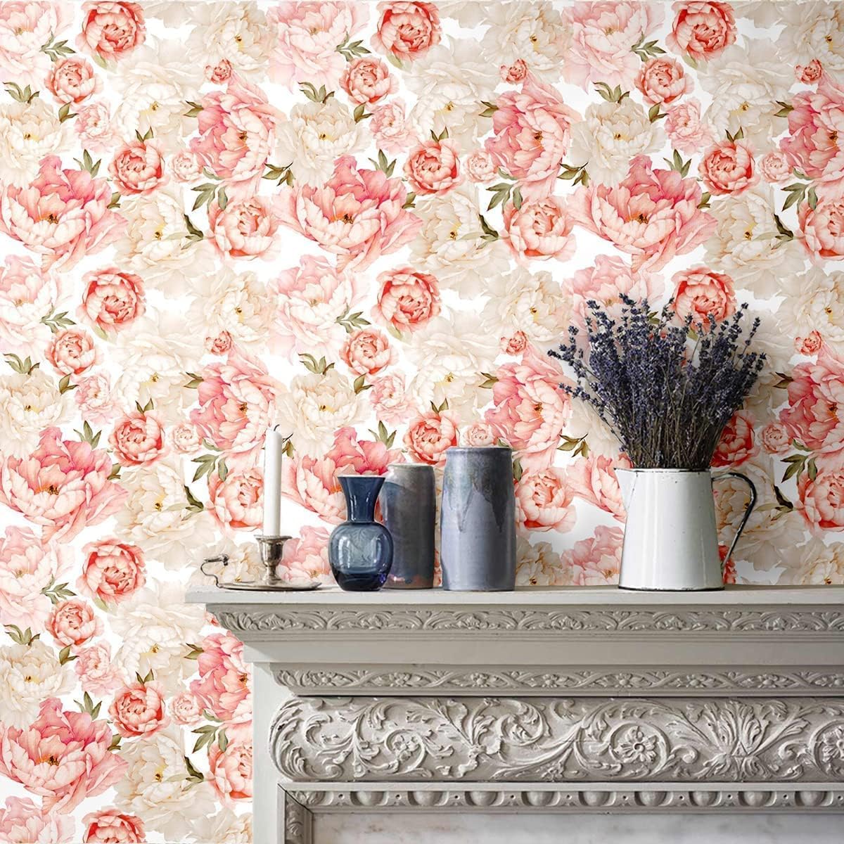 Blooming Wall PS040 Peel&Stick Removable White Pink Fresh Peony Self-Adhesive Prepasted Wallpaper Wall Mural