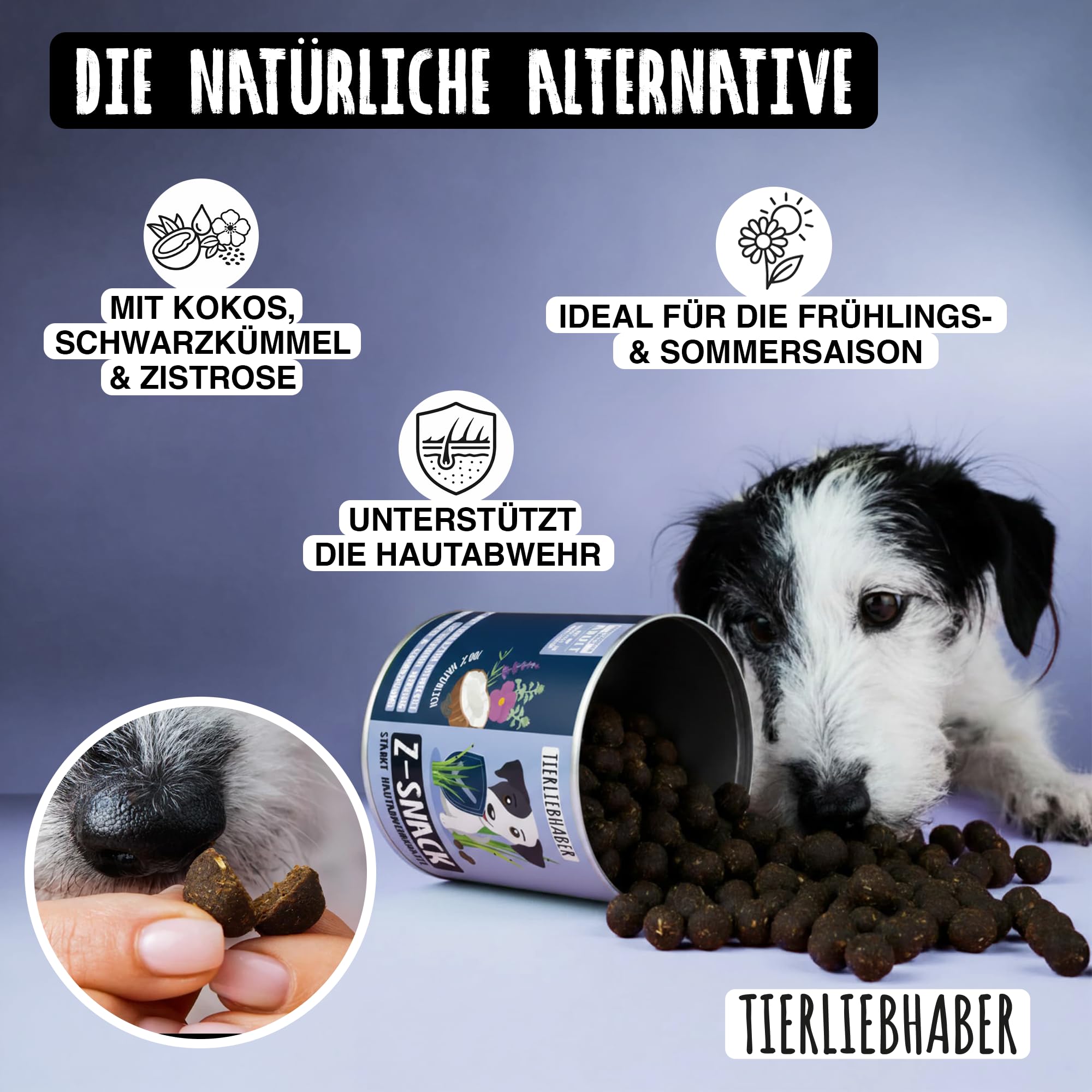 TIERLIEBHABER Z-Snack – Optimales Leckerli für die Saison – Tierärztlich entwickelt – Stärkt Hautabwehrkräfte – Kaltgepresste Belohnung mit Schwarzkümmel, Kokosöl & ätherischen Ölen – 350 g