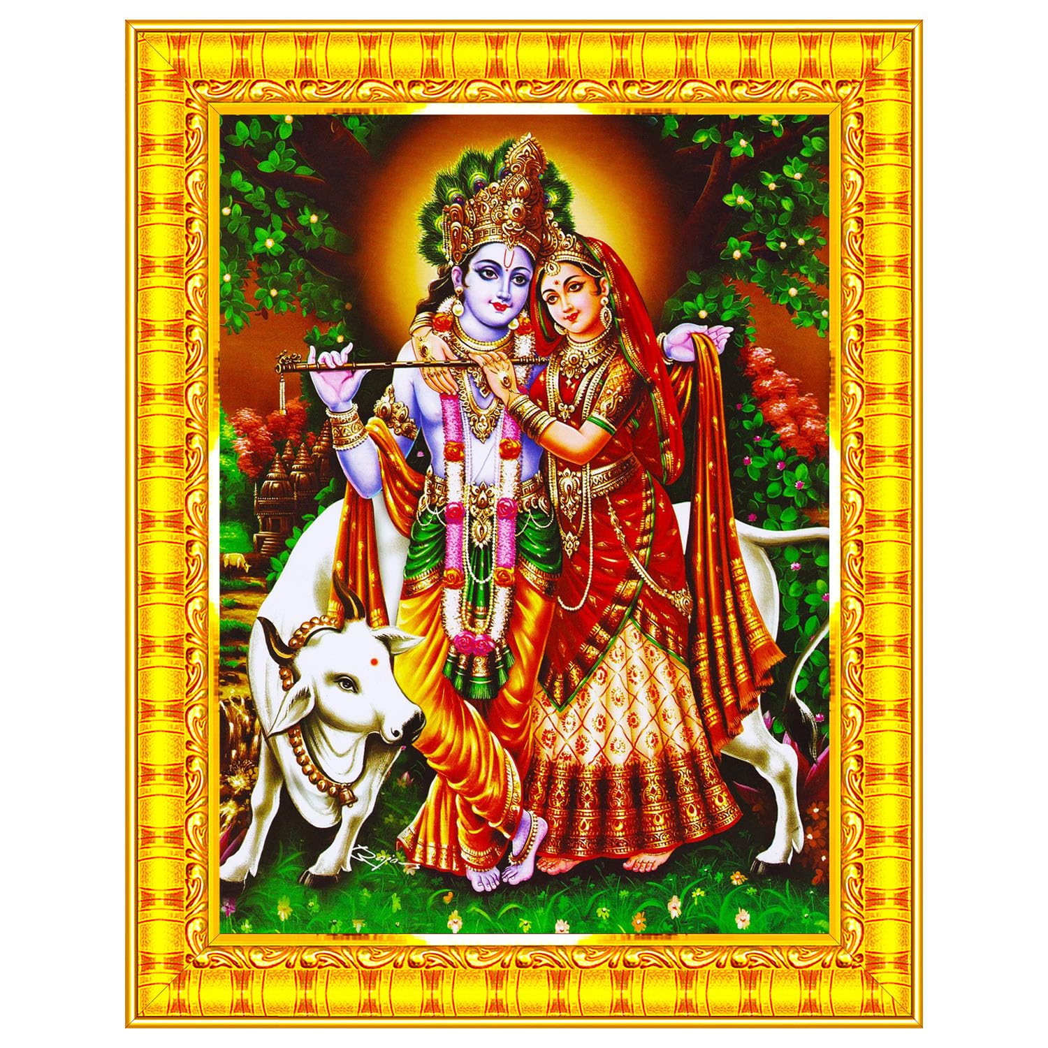 Pavan Photo Laminations Radha Krishna Photo Frame Radhe Radhakrishna Wall Painting Framed Home Decor (Wood,Matte,Gold,Small Size,6 x 8 Inch) R696S