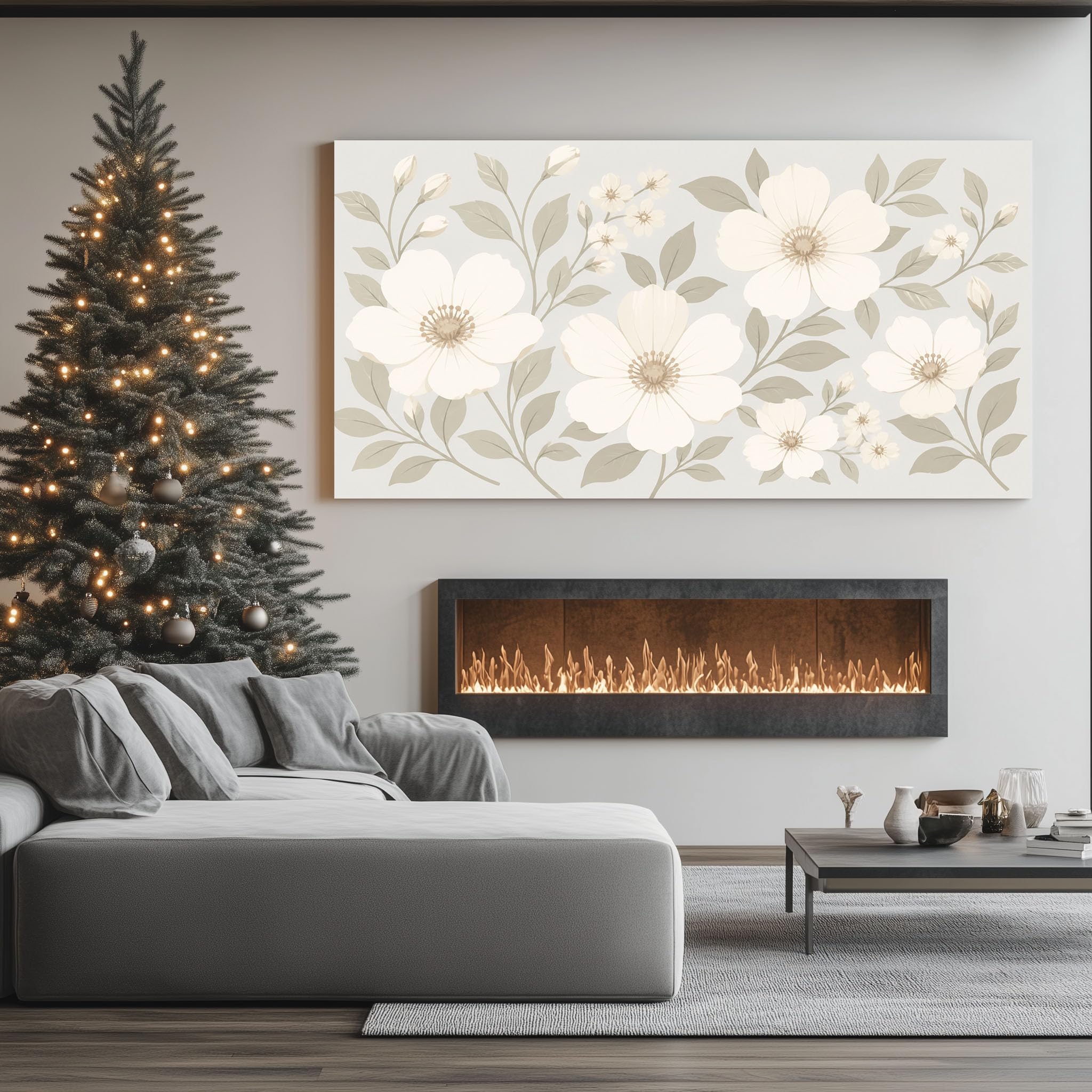 Quadro Moderno Soggiorno Foglie Botaniche Neutre Con Cornice 60X120 Cm