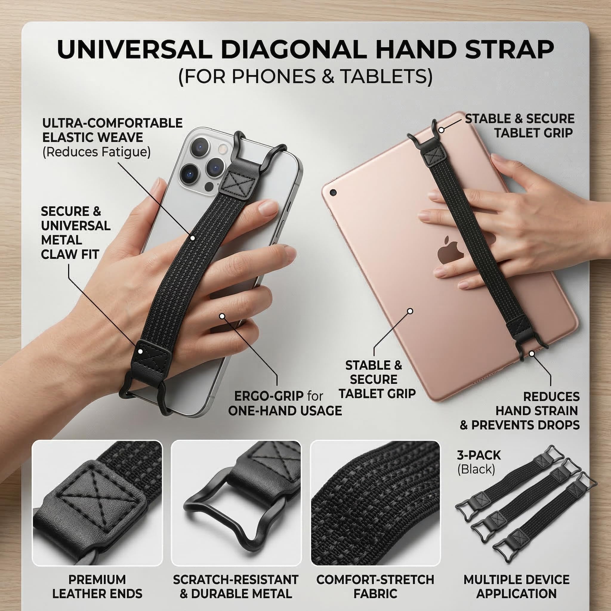 Cinturino di Sicurezza per eReader e Tablet 8.7-13 Pollici, Antiscivolo Regolabile, Supporto Universale per Uso a Una Mano
