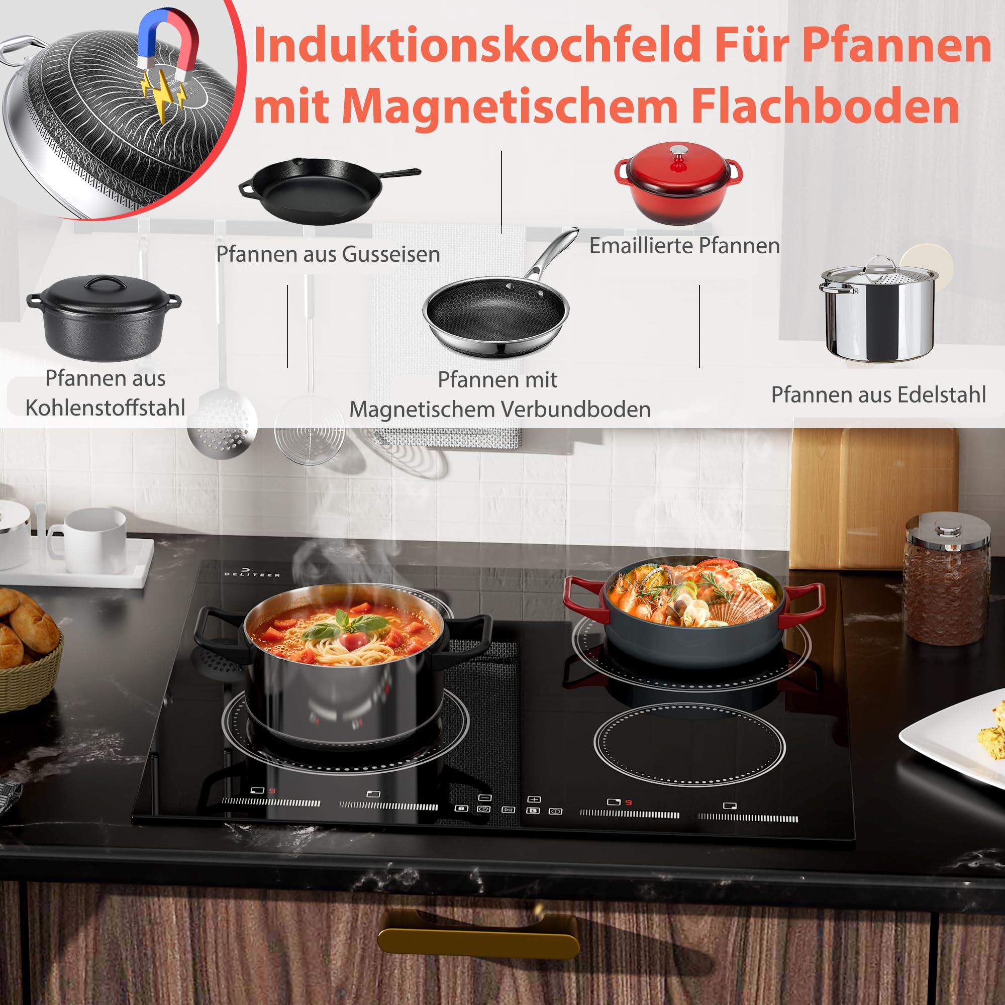 Induktionskochfeld 4 Platten Einbau 60CM mit Individuelle Touch-Steuerung | Autark Kochfeld Induktions 4 Zonen mit Boost-Funktion, 7200W, Kein Stecker, 230V, Schwarz