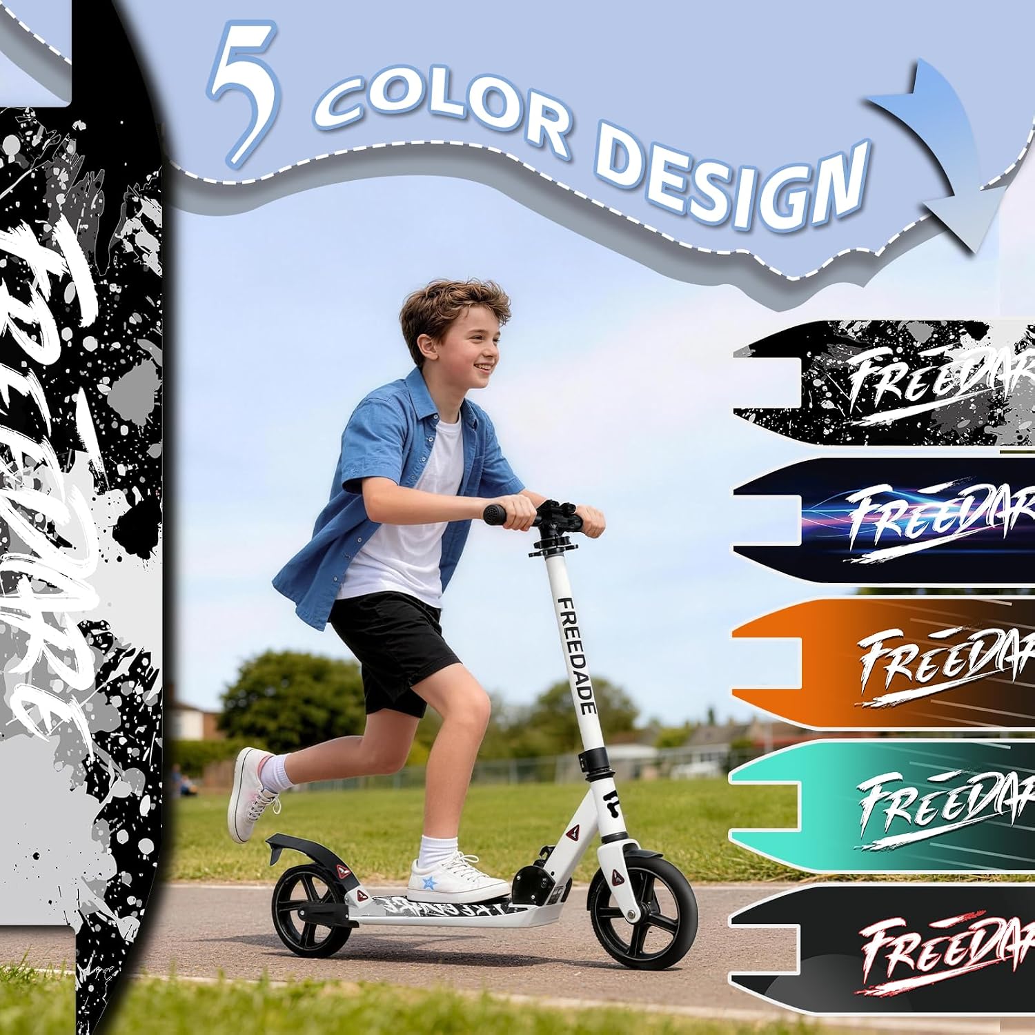 freedare kick scooter for kids & adults ages 8+, foldable teen scooter with 2 big 8-inch wheels and 4-level adjustable handlebar, max load 220 lbs white