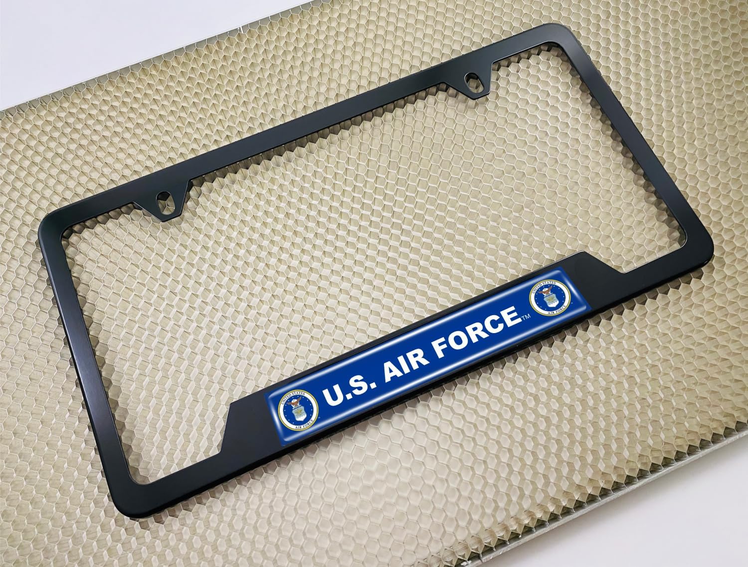 [Officially Licensed Product] - Stainless Steel Matte Black CAR 2-Hole Standard Size - Domed Custom-Made Corrosion-Resistant License Plate Frame with US Air Force Design & Free caps - (Qty: 1 Frame)