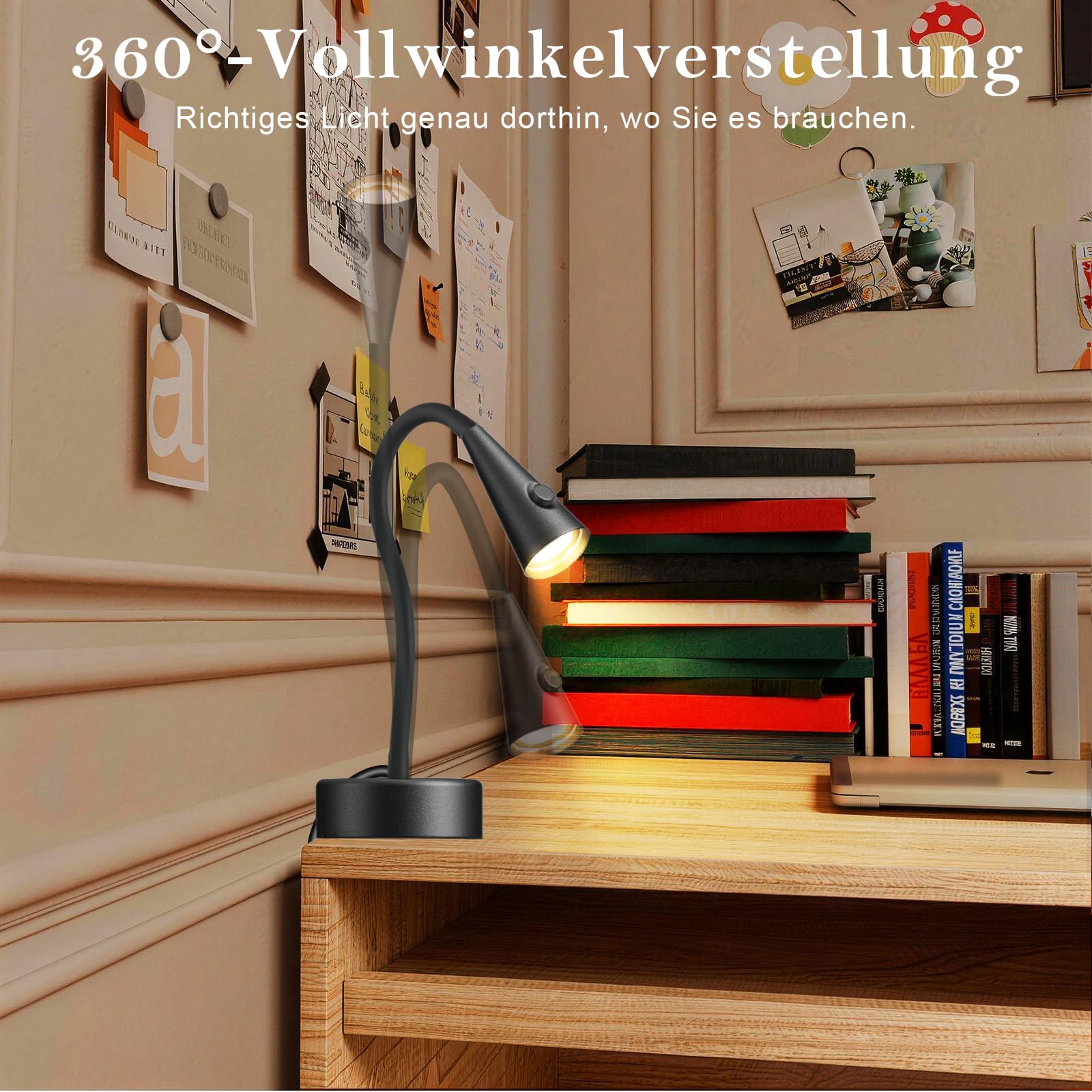 LED Leselampe Bett ohne Bohren, Einschub Wandleuchte für Kopfteil, Dimmbar & Farbtemperatur Einstellbar, Wandlampe mit 360° Schwanenhals, Flexible Nachttischlampe Schwarz mit Schalter
