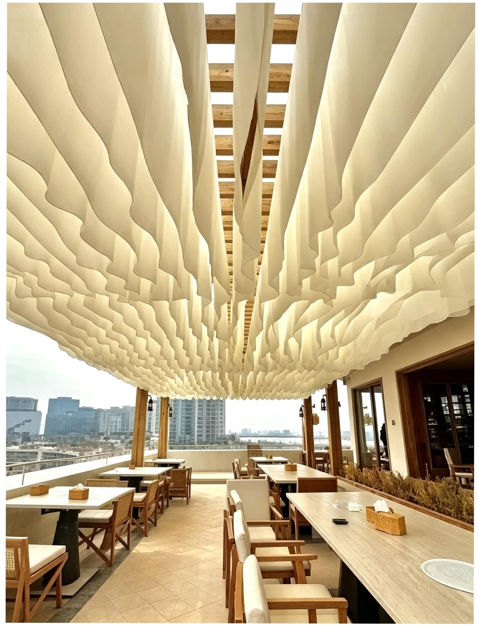 10er-Set Pergola Vorhänge Wellenform, Sonnenschutz for Außenbereiche | Leichter Stoff; wellenförmiges Design;für Pergola & Terrasse; dekorativer Sonnenschutz;(Milk,30x1200cm)