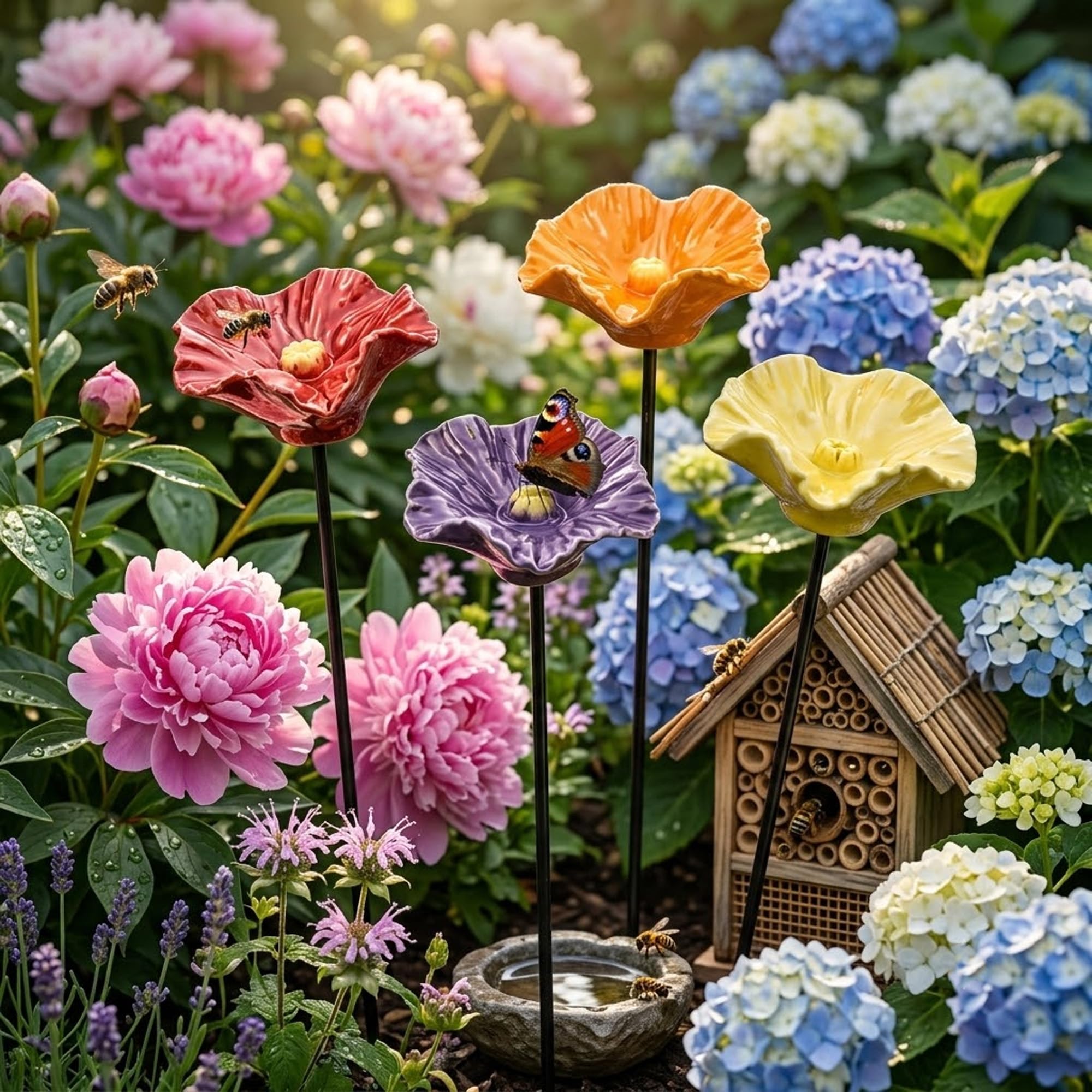 BienenträNke Keramik, InsektenträNke Keramiks Blume, Blumen Gartenstecker VogelträNke, Handgemachte BienenblüTen – Wetterfeste Keramik-TräNken, 4er-Set (4STK)