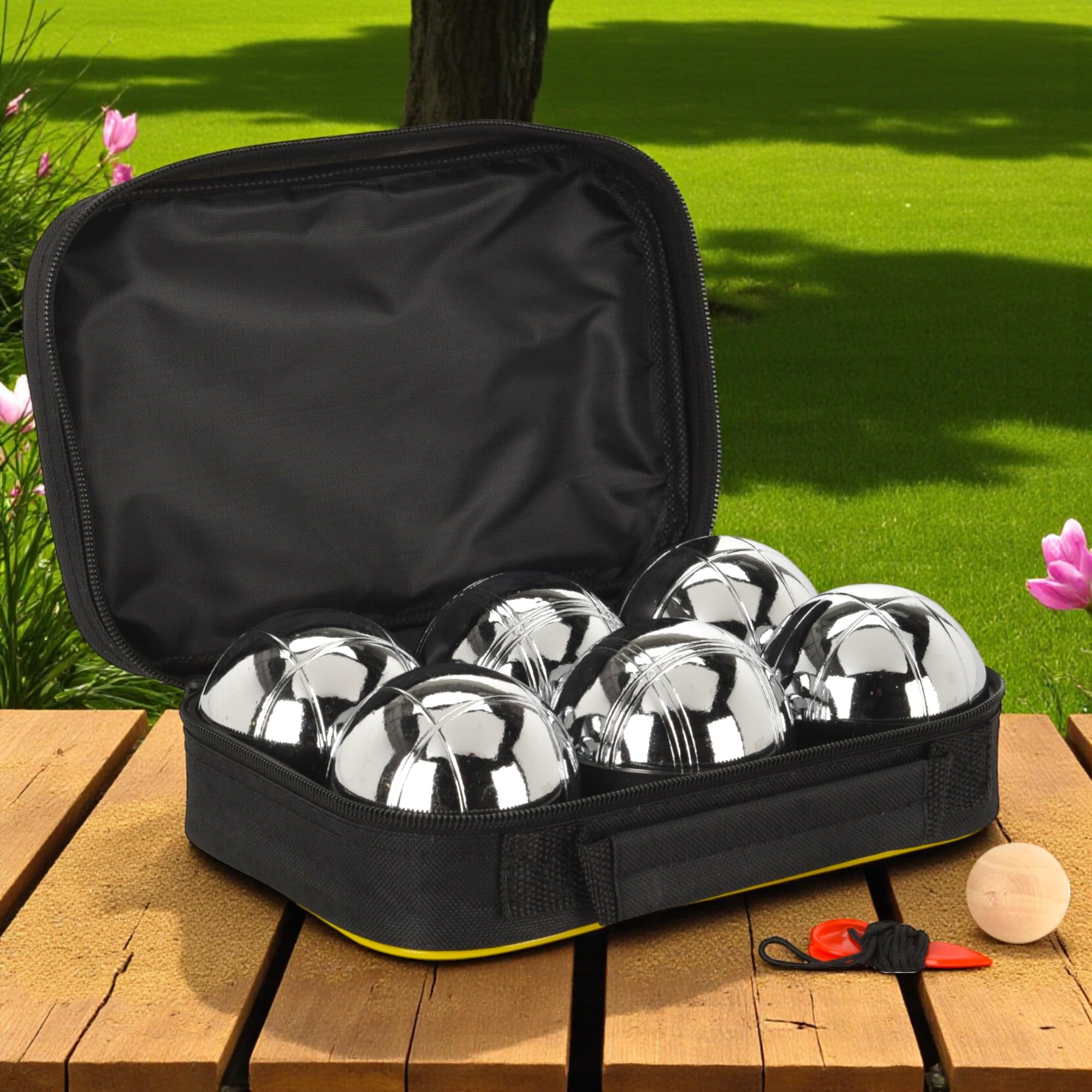 MIJOMA Jeu de Boules zestaw z torbą – 6 metalowych bombek Ø 70 mm po 700 g – Boccia kula z piłką celowniczą i taśmą mierniczą – zestaw boule do ogrodu, na kemping i plażę