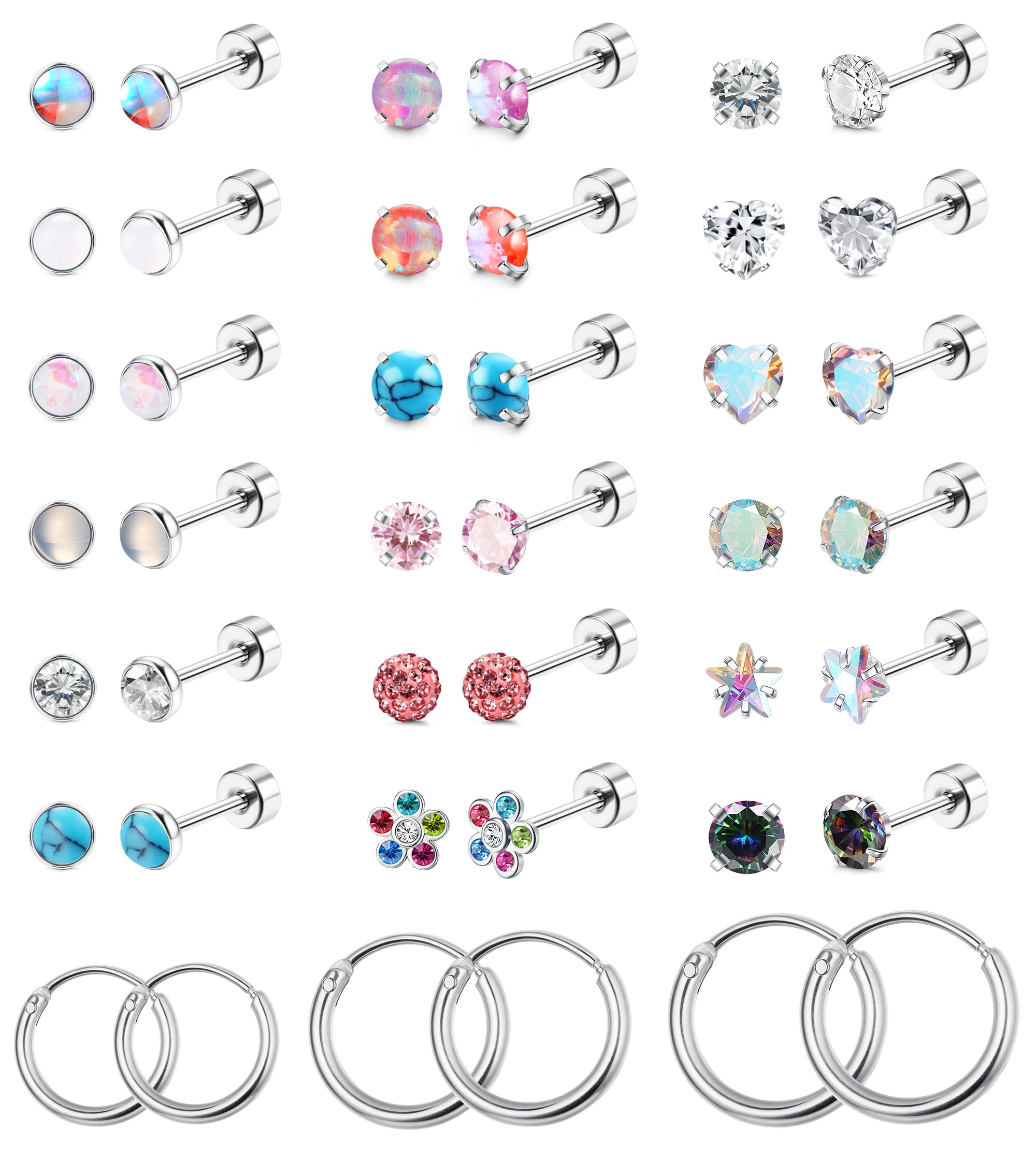YADOCA21Pairs Hypoallergenic Screw Back Earrings for Women 20G Tiny Surgical Steel Flat Back Stud Earrings Small CZ Opal Moonstone Screwback Earrings Hoop Set Multicolored