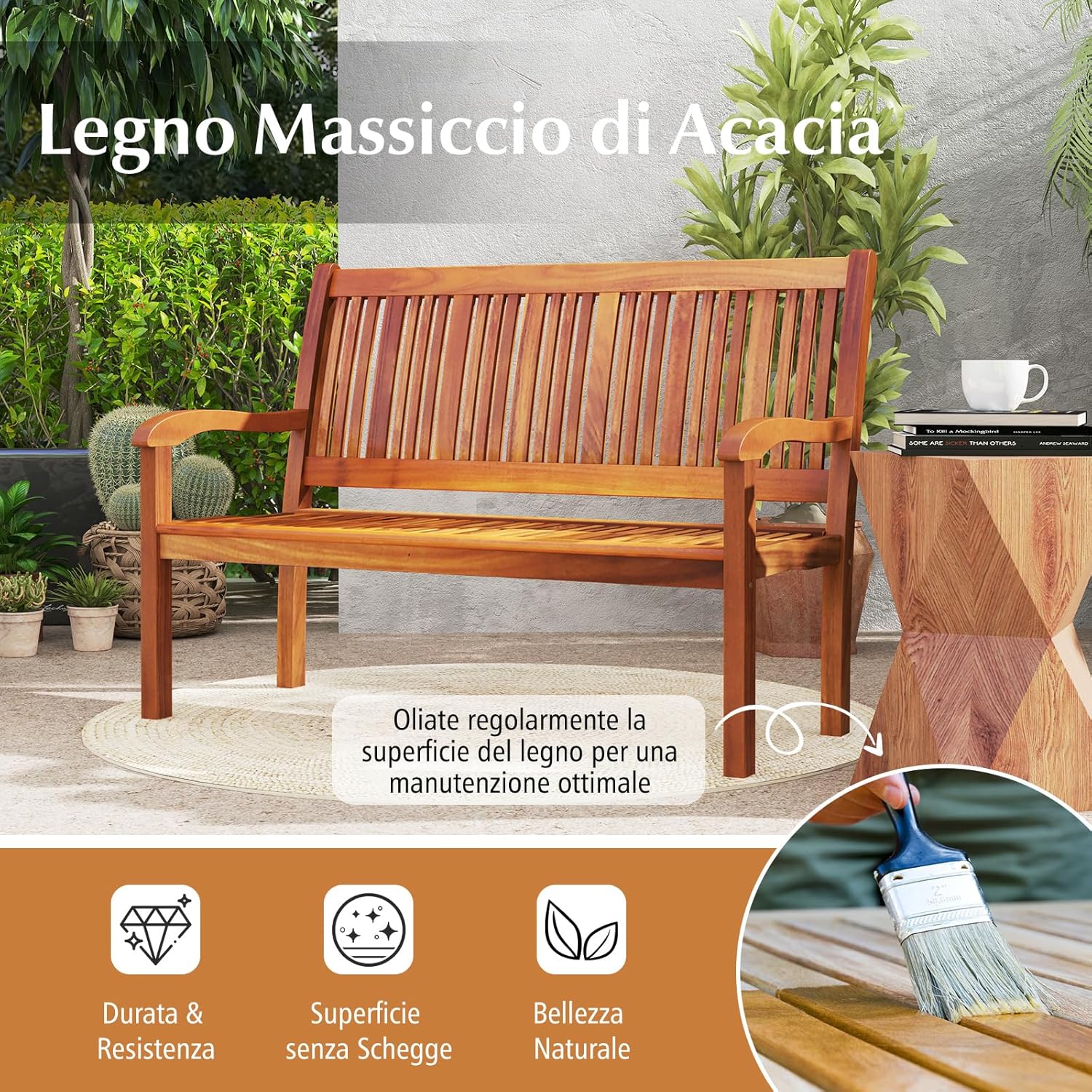 Acacia wood bench with text highlighting durability, splinter-free surface, and natural beauty, with an image of oiling the wood
