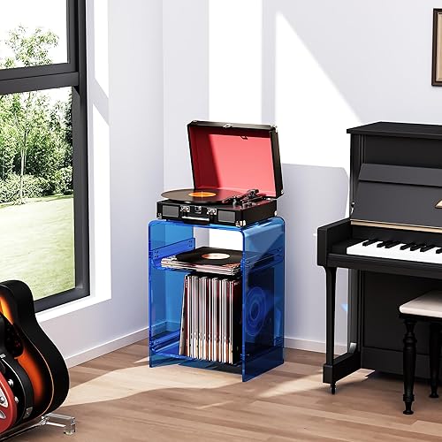 Miniatura 96 de Mesa de tocadiscos de acrílico con estante de almacenamiento, mesa auxiliar transparente (naranja, grande) Naranja,Negro -,Claro,Azul