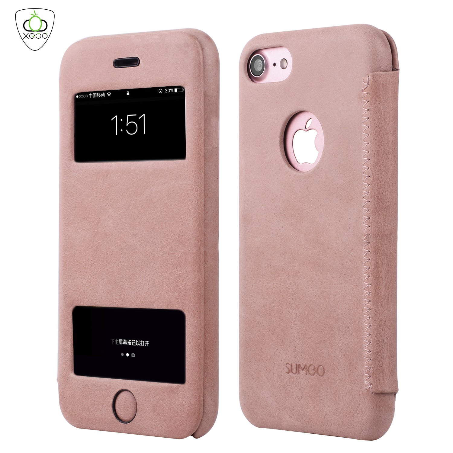 SUMGO Apple iPhone 7 Plus Flipcase genuine Leather Protective-Case Hard Cover Back Case Sichtfenster Bumper - in Rosa