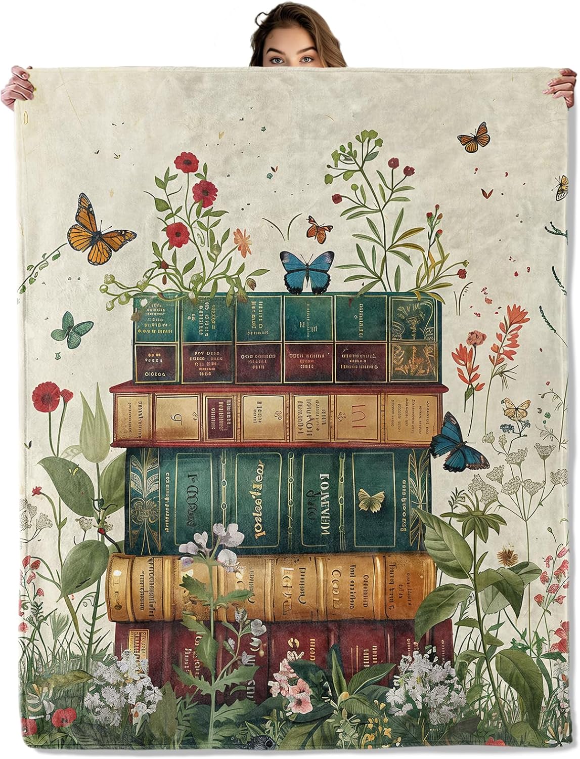Floral Book Stack Blanket 50X60 in, Flannel Throw Blankets for Travel Camping Sofa Living Room Decor, Lightweight Cozy Soft Fuzzy Gifts for Women Adults Kids