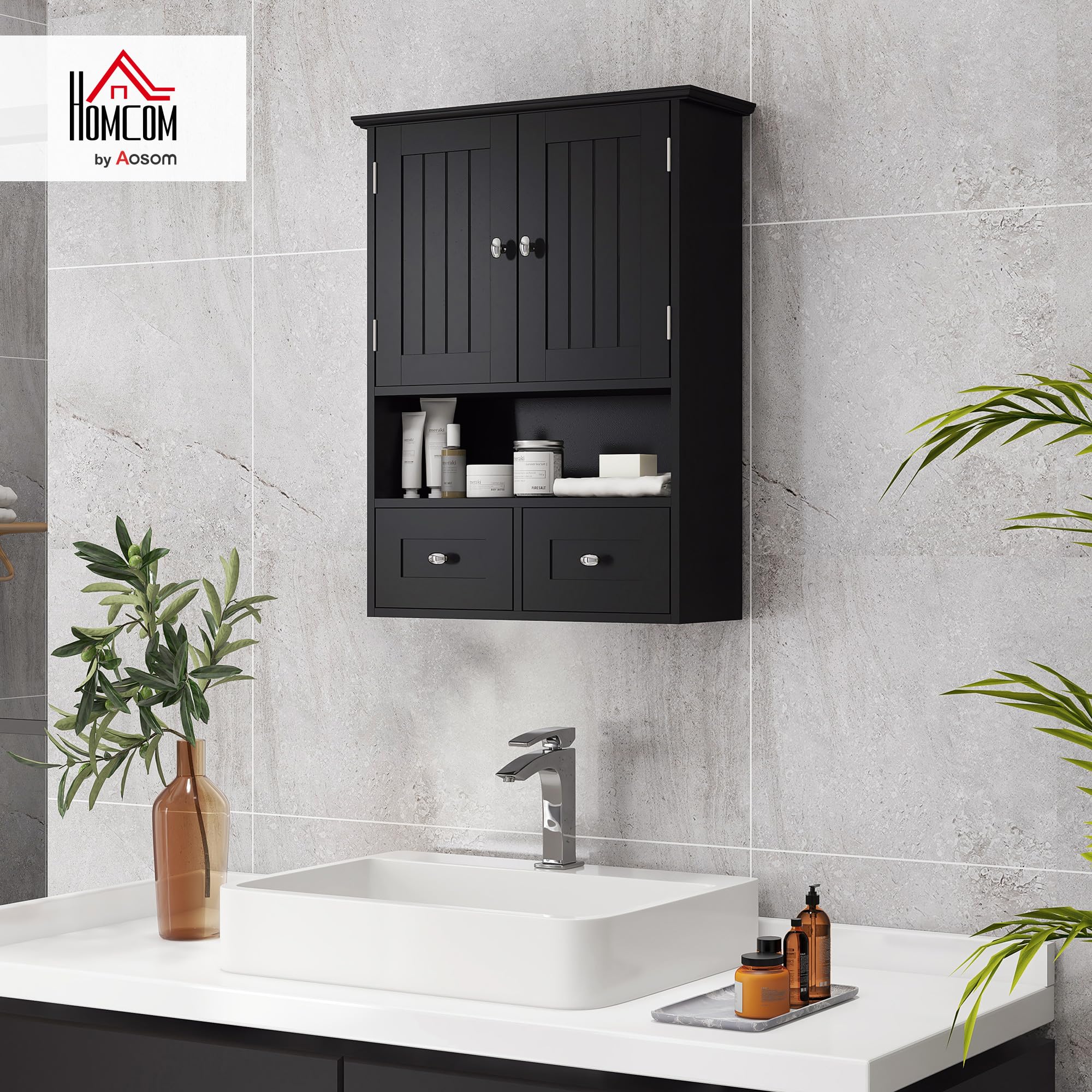 kleankin Armario de Baño de Pared, Armario Colgante, Mueble Suspendido de Baño, 2 Puertas con Cierre Magnético, 2 Cajones y Estante Abierto, para Cocina, Lavadero, 50,8x17,8x66 cm, Negro