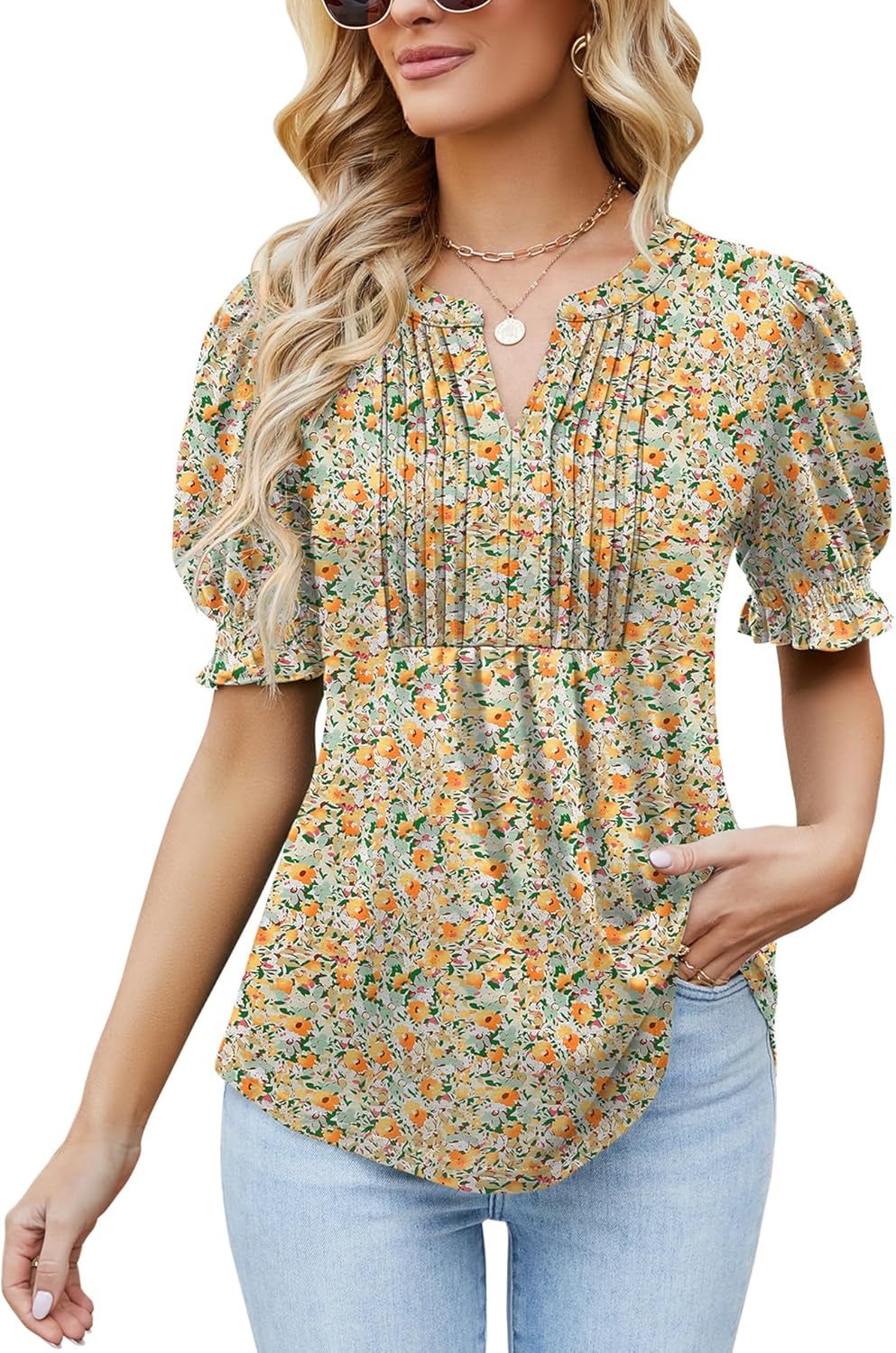 Ivicoer Women's Summer Puff Short/Long Sleeve Tops V Neck Pleated Shirts Floral Tunic Blouses Dressy Casual S-XXL
