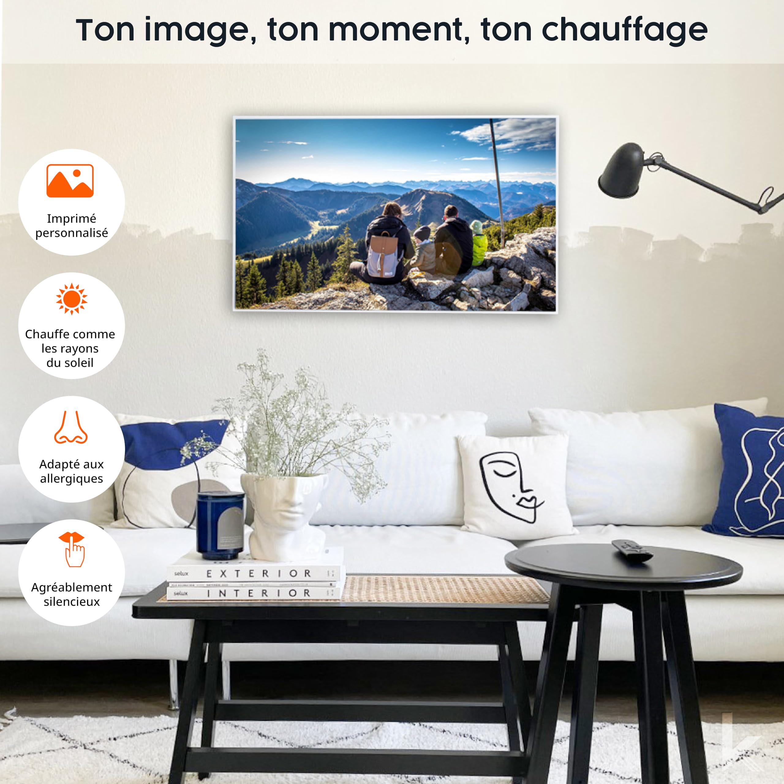 Könighaus Chauffage d’appoint infrarouge avec votre photo, TÜV SÜD & 5 ans de garantie - Made in Germany (Chargez votre motif et rendez la pièce unique) (1200W - cadre blanc) - Thermostat inclus