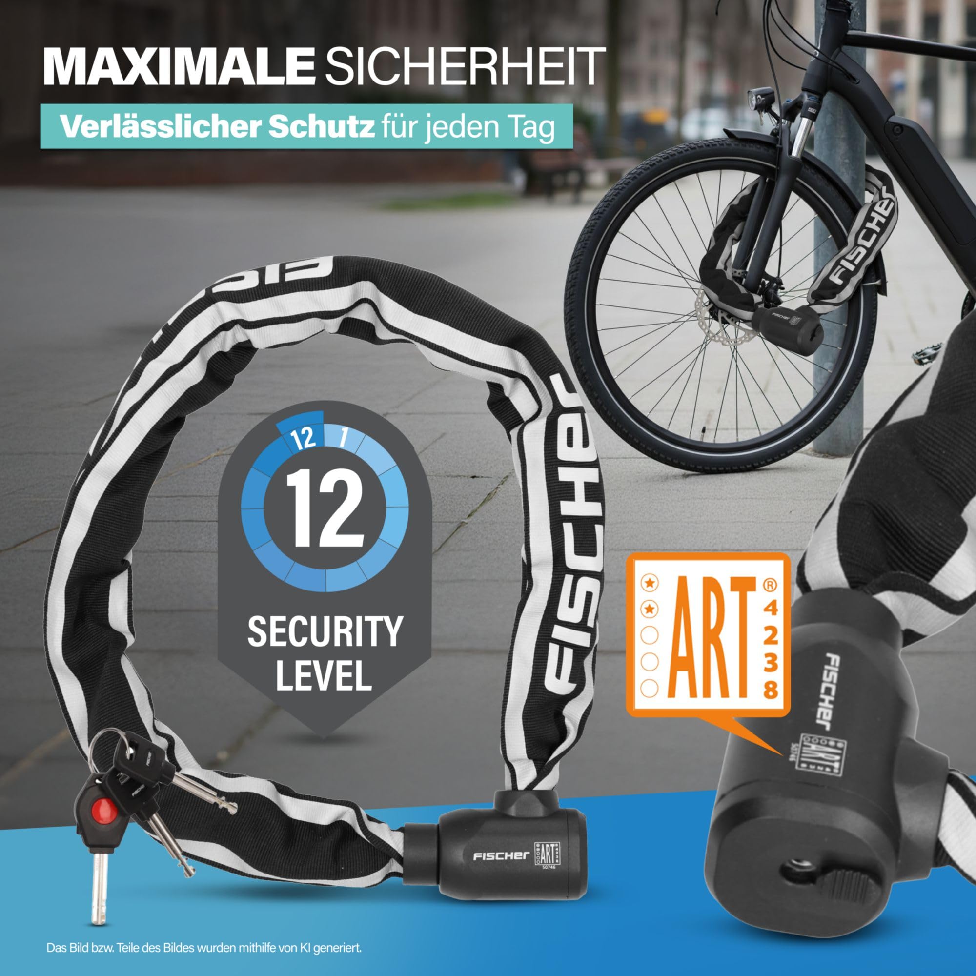 FISCHER PROTEC Plus+ CK100 - Lucchetto a catena per bicicletta, in acciaio, certificato di sicurezza, con 3 chiavi, colore: nero, 1 pezzo