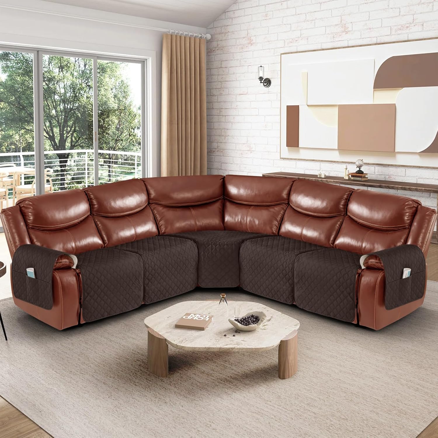 Ruaozz Extra Large Recliner Sectional Couch Covers, Waterproof Couch Cover for Reclining L Shape Sofa 5 Seat Reclining Sectional Couch Covers with Pockets (L Shape 5 Seat Recliner Cover, Chocolate)