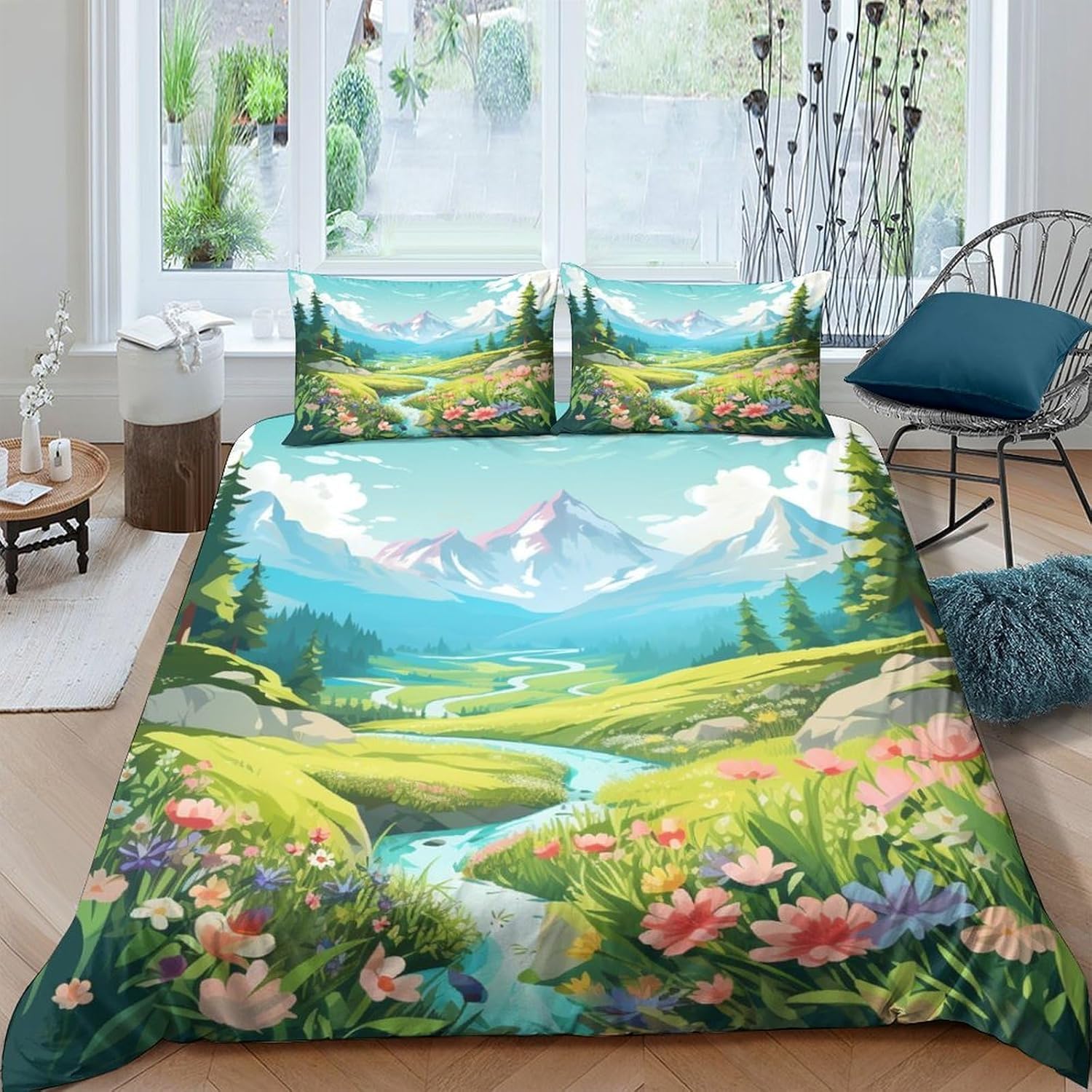 Housse de couette anti-allergie 3D Paysage Fluvial Alpin 240x220 entretien facile pour lit adulte