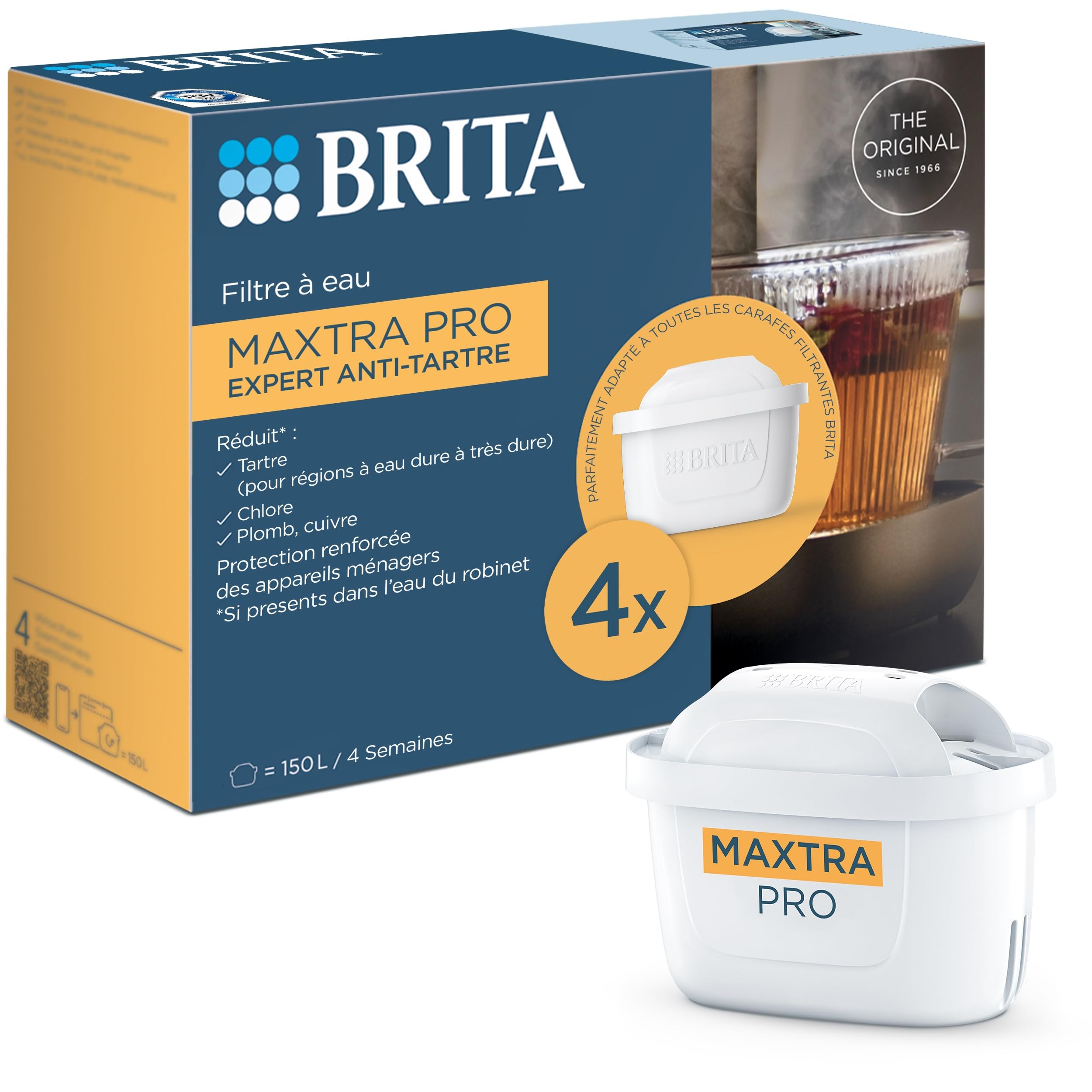 BRITA Cartouche de filtre à eau MAXTRA PRO Anti-Calcaire Expert Pack de 4 - Recharges originales pour toutes les carafes BRITA