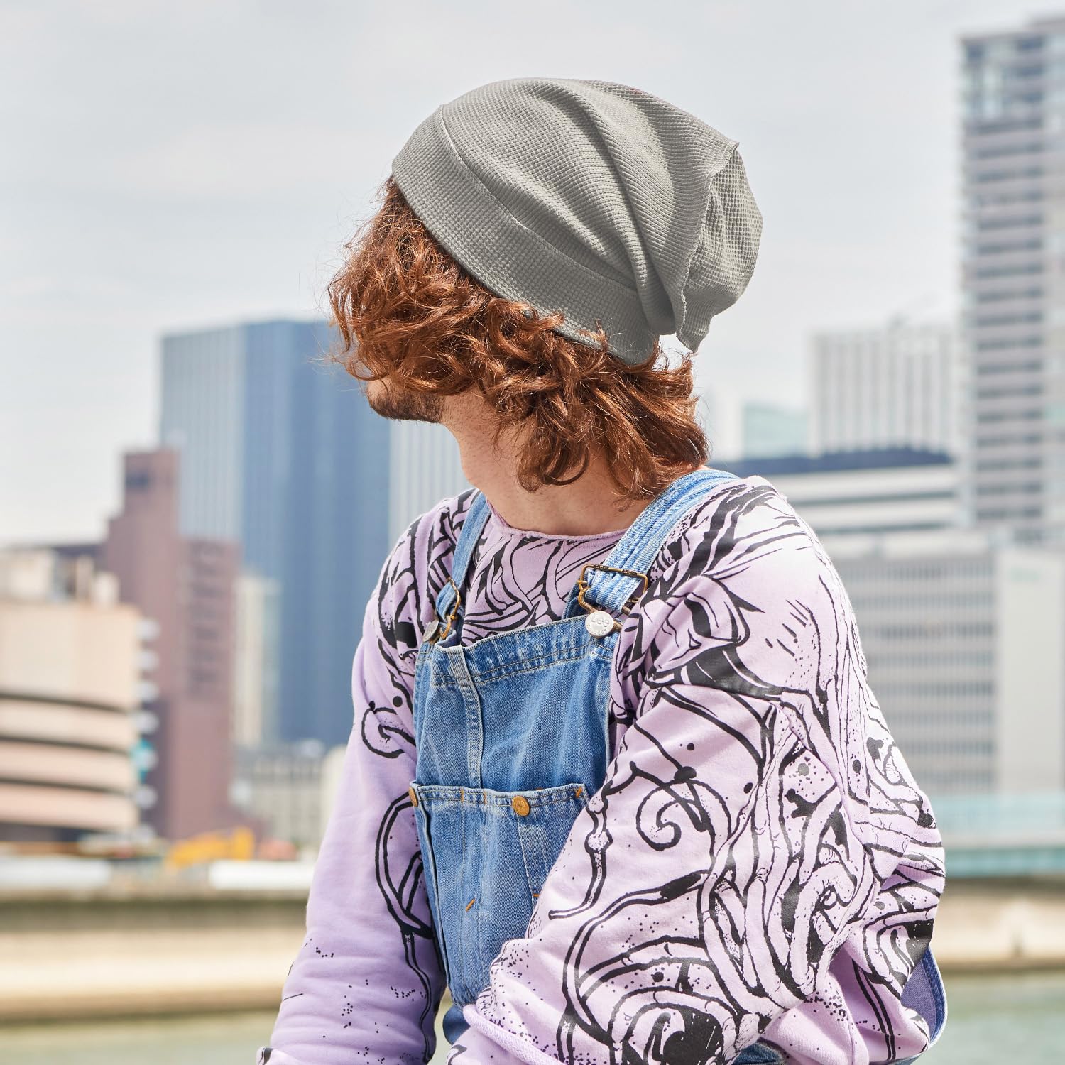 Berretto Uomo Hipster Oversize, Cappello Cotone Donna 100% Chemio con Cuciture A Vista, Cuffie per Dormire Lungo Slouch Moda Waffle e Reversibile