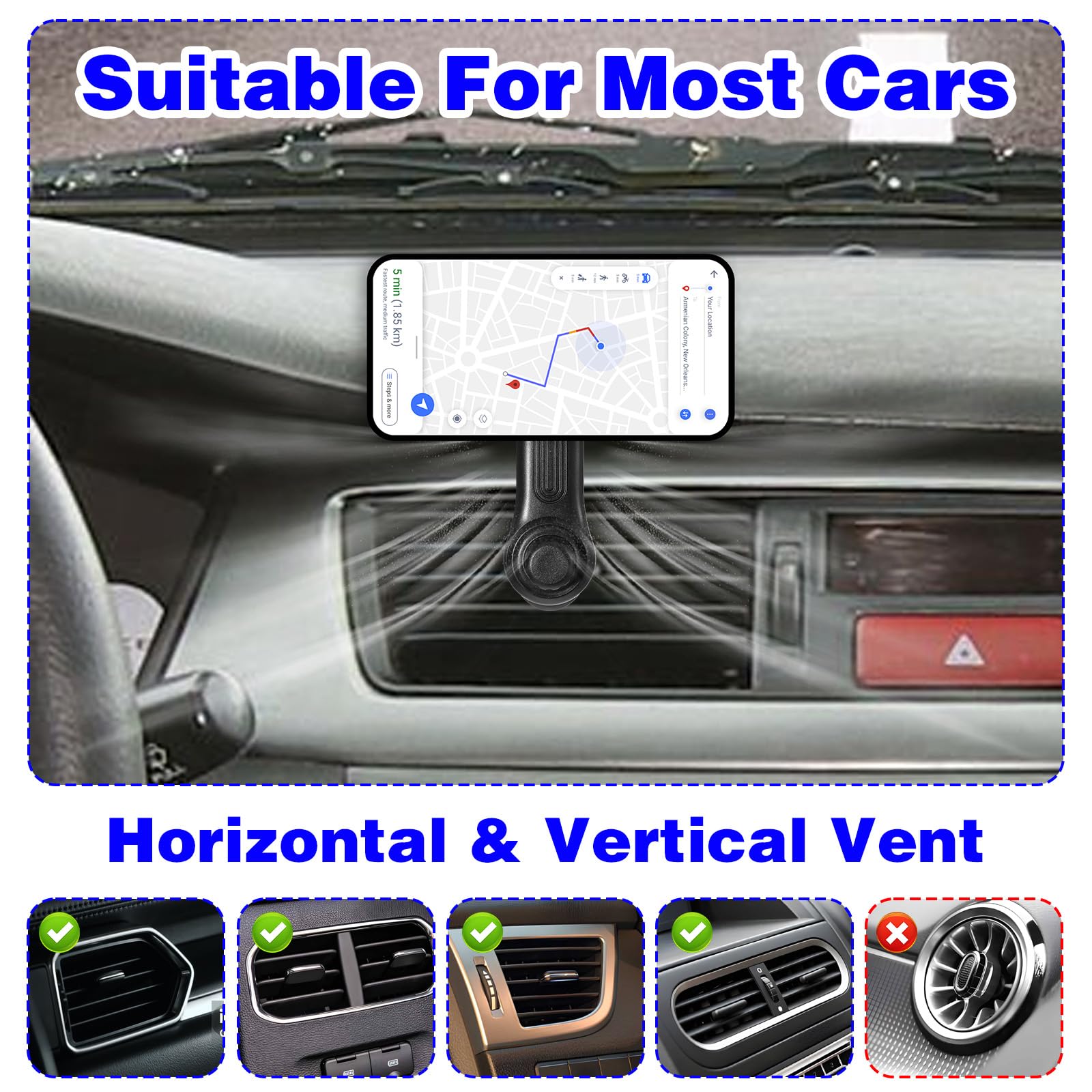 Clip universale per bocchetta di ventilazione auto per auto supporto per telefono con sfera da 17 mm girevole a 360 gradi braccio oscillante e gancio regolabile per bocchetta dell'aria di