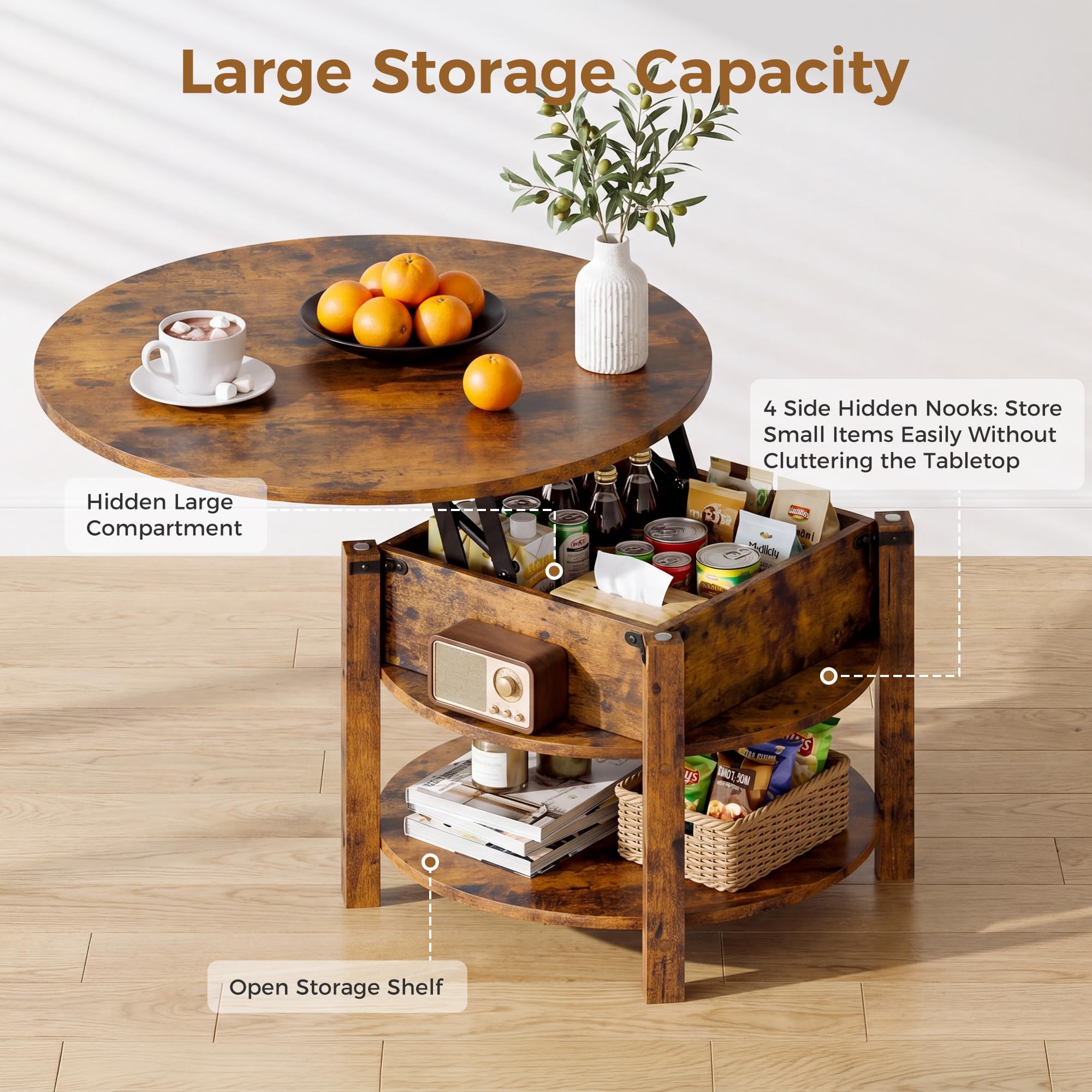 ELUCHANG Table Basse avec Rangement Caché RondeTable Basse Plateau Relevable 2 en 1 pour Salon et Bureau, Forte Charge Portante, 80x80cm, Marron Rustique