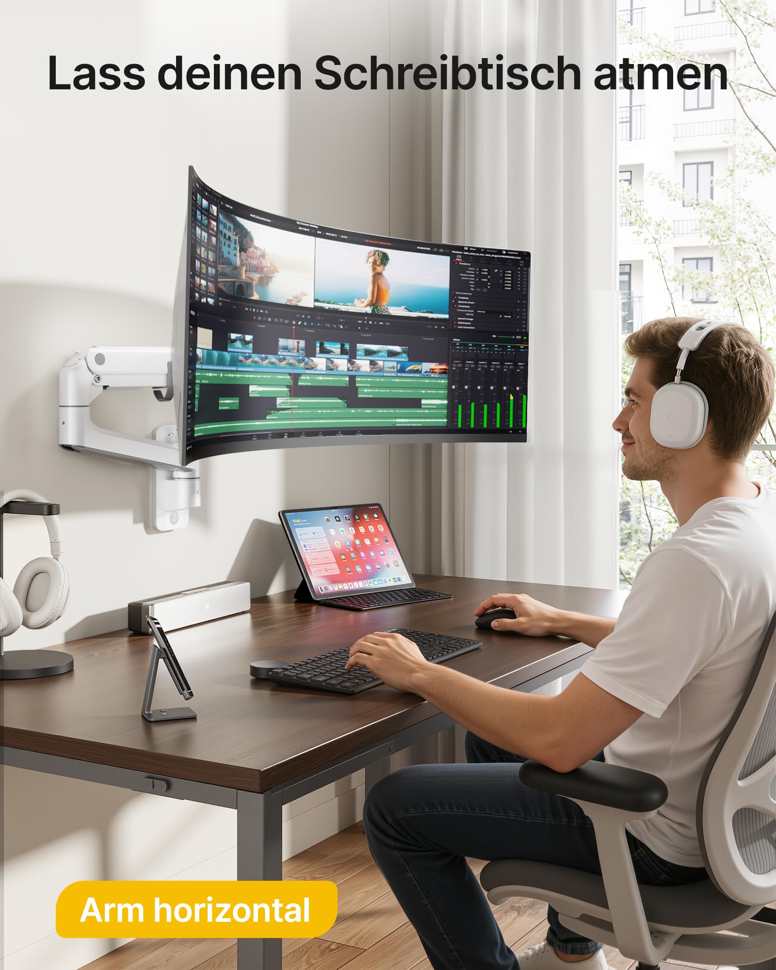monTEK Supporto da parete per monitor da 17-57 pollici Ultrawide fino a 27 kg | Braccio per monitor con molla a gas, con piena mobilità e altezza regolabile, VESA 75 x 75/100 x 100, bianco