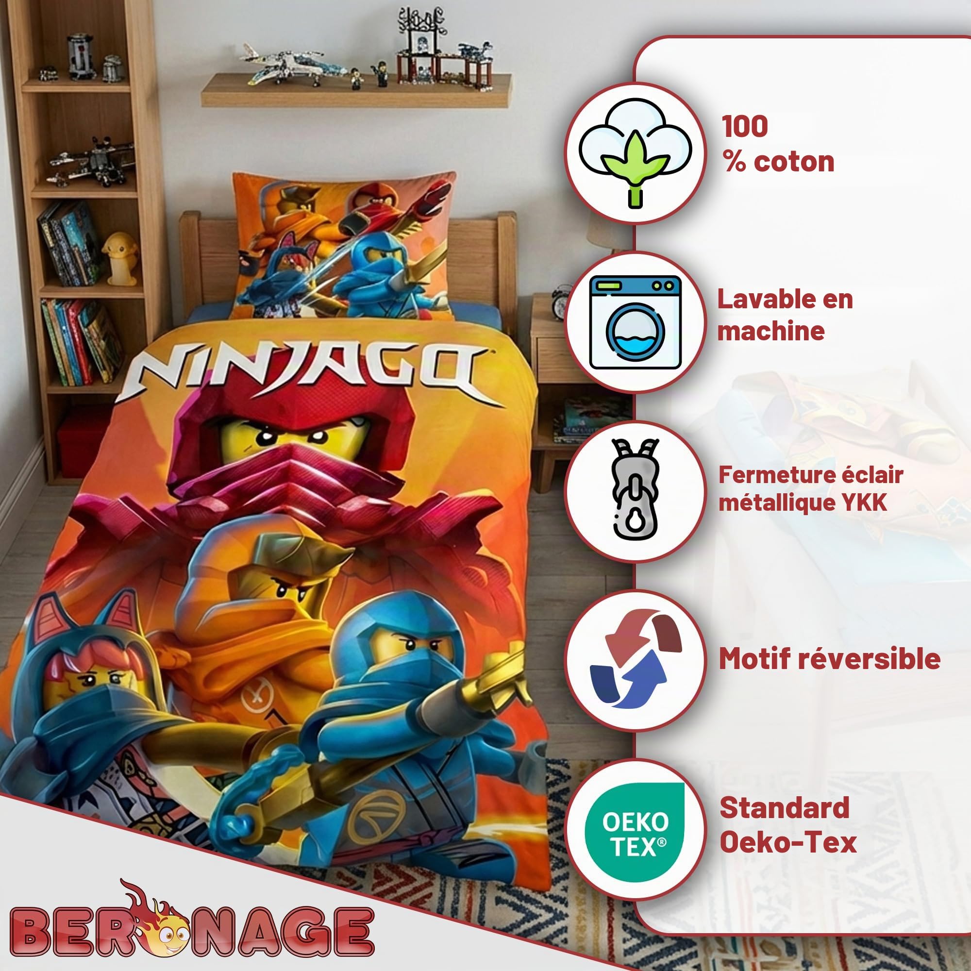 Lego Ninjago Movie Battle Parure de lit pour enfant – 135 x 200 cm + 80 x 80 cm – 100 % linon de coton – Cole – Jay – Kai – Lloyd – Zane – NYA – Misako – Sensei Wu – Renforcé – Taille allemande –