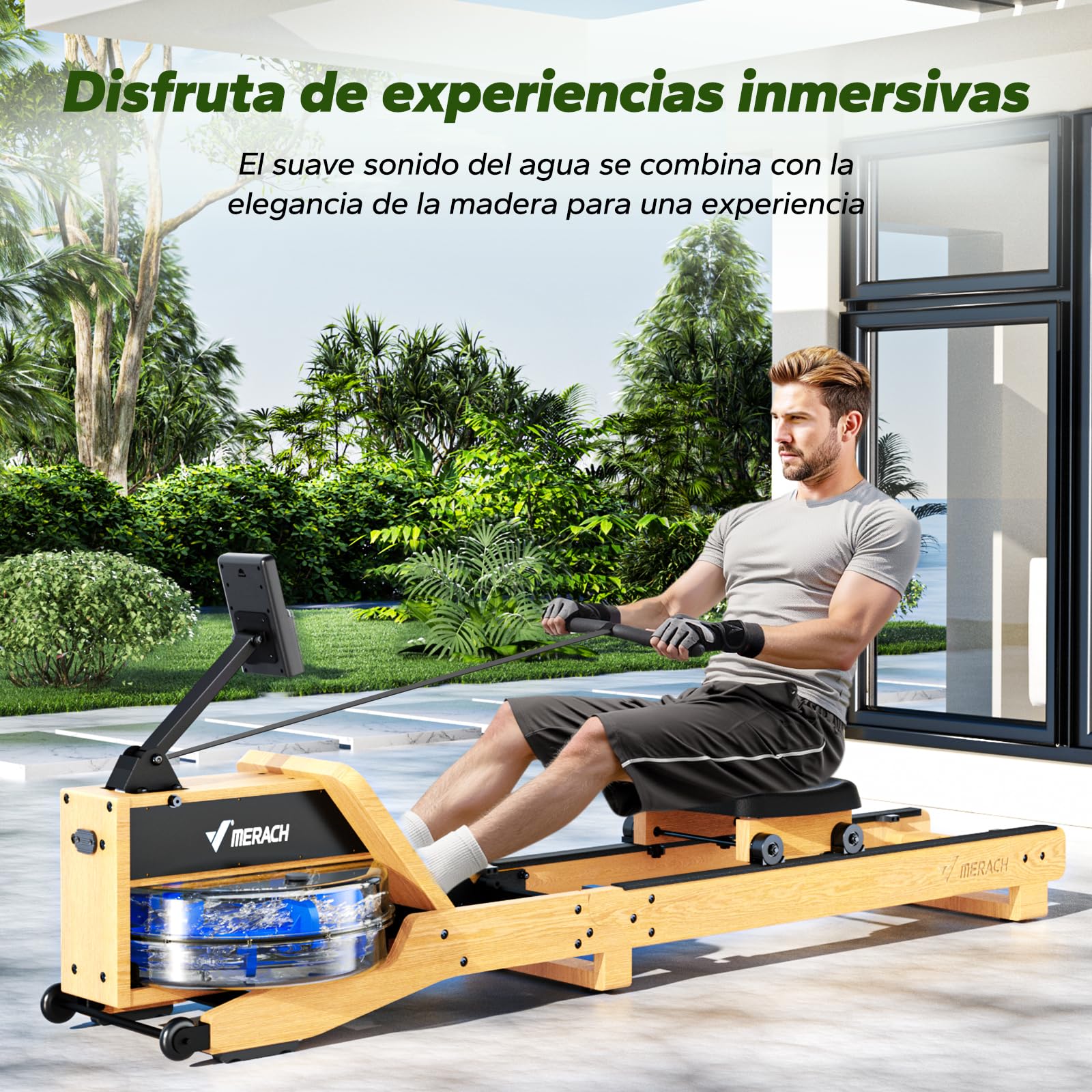 MERACH Máquina de Remo Plegable, Roble Rojo y Asiento cómodo, con aplicación Exclusiva, Mapa Interactivo y Juegos, Experiencia de Remo inmersiva, retroiluminación LED (R23O1)