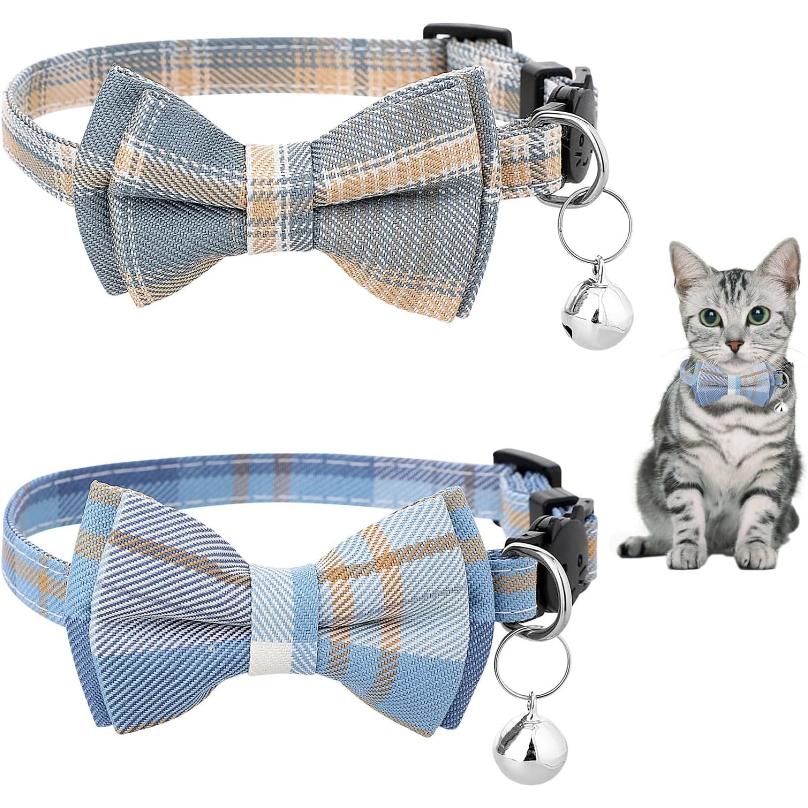 Katzenhalsbänder Breakaway mit niedlichen Bogen Glocke 2 Pack Kätzchen Halsband Plaid Katzenhalsband mit abnehmbaren Bowtie Katzenhalsband für Katzen Kätzchen