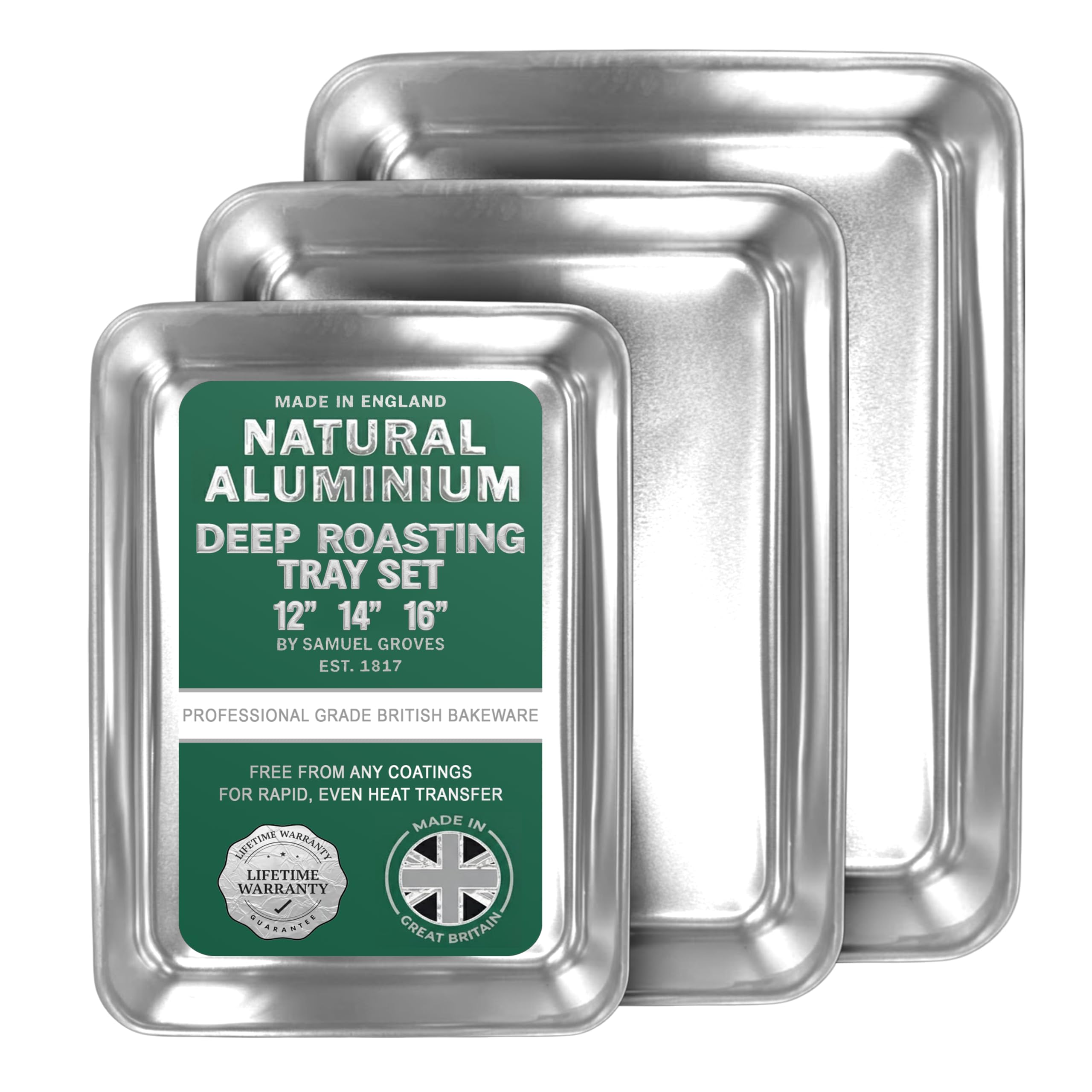 Samuel Groves Professional Aluminium Baking Tray - Made in England - Non-Toxic Natural Uncoated Aluminium Oven Tray - Superior Heat Conductor, Warp-Resistant (Deep Roasting Tray, 3 Piece Set)