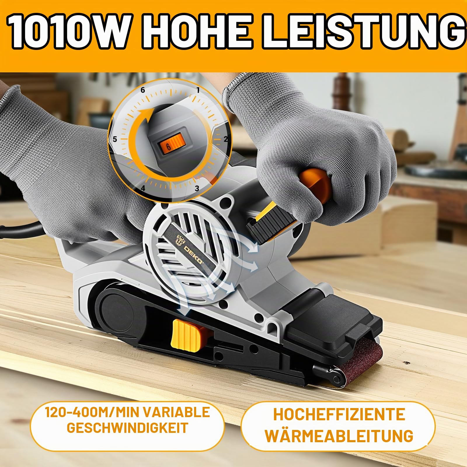 DEKOPRO 1010W Bandschleifer mit verstellbarer Geschwindigkeit 120-400m/min, Schleifmaschine für Holz mit verstellbarem Vordergriff Abdeckung, inkl. 10 Schleifbändern, Staubbeutel & 2 Metall-C-Klemmen