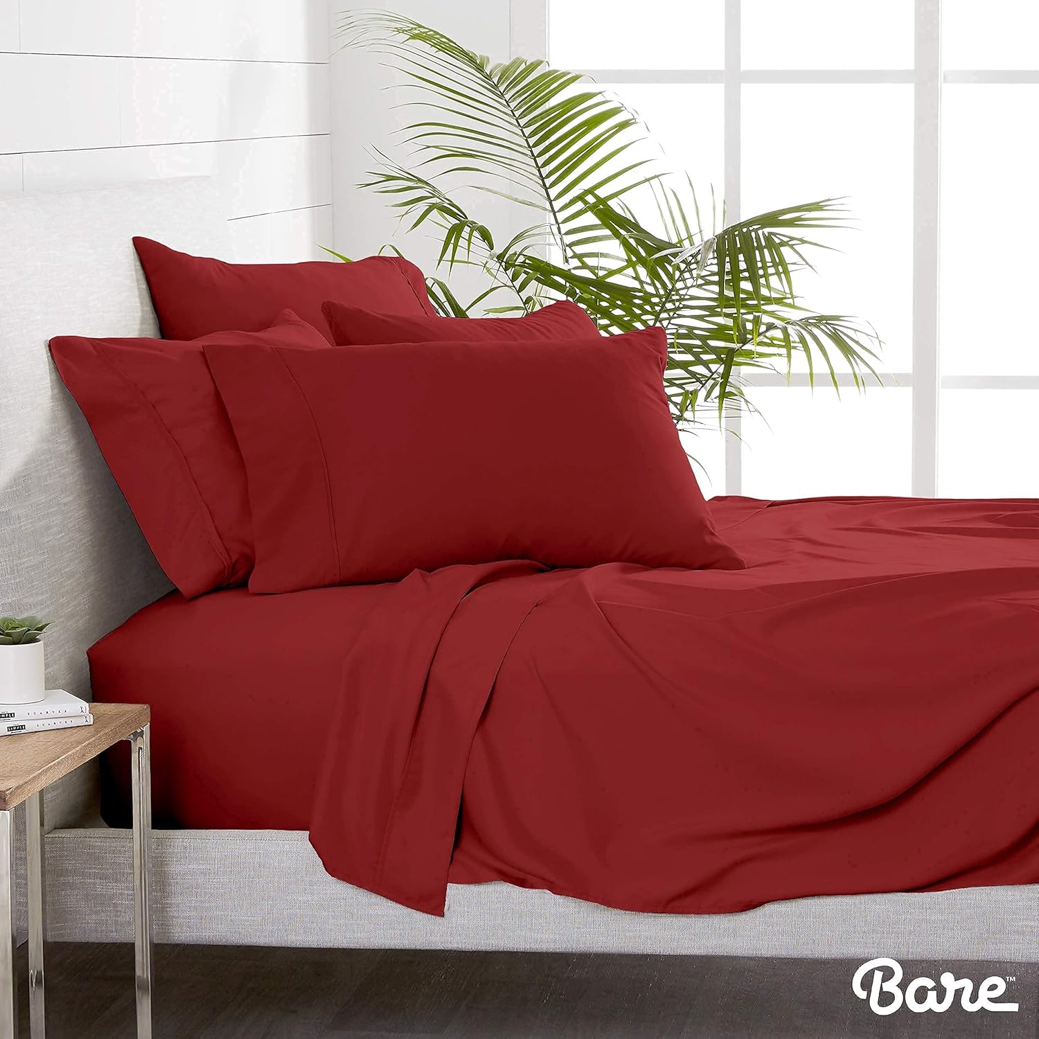 Bare Home Bedding Bundle - 6 Piece Microfiber Sheet Set with 4 Pillowcases (Queen, Red)