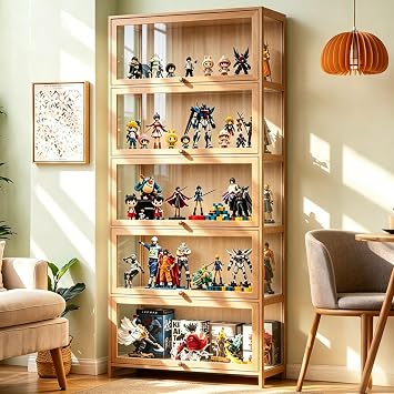 Display Cabinet with Acrylic Door, 5-Tier Curio Cabine, Collectibles Toy Organizers Rack & Display Shelf, Bookcase for Bedroom, Office, Playroom, Living Room Brown