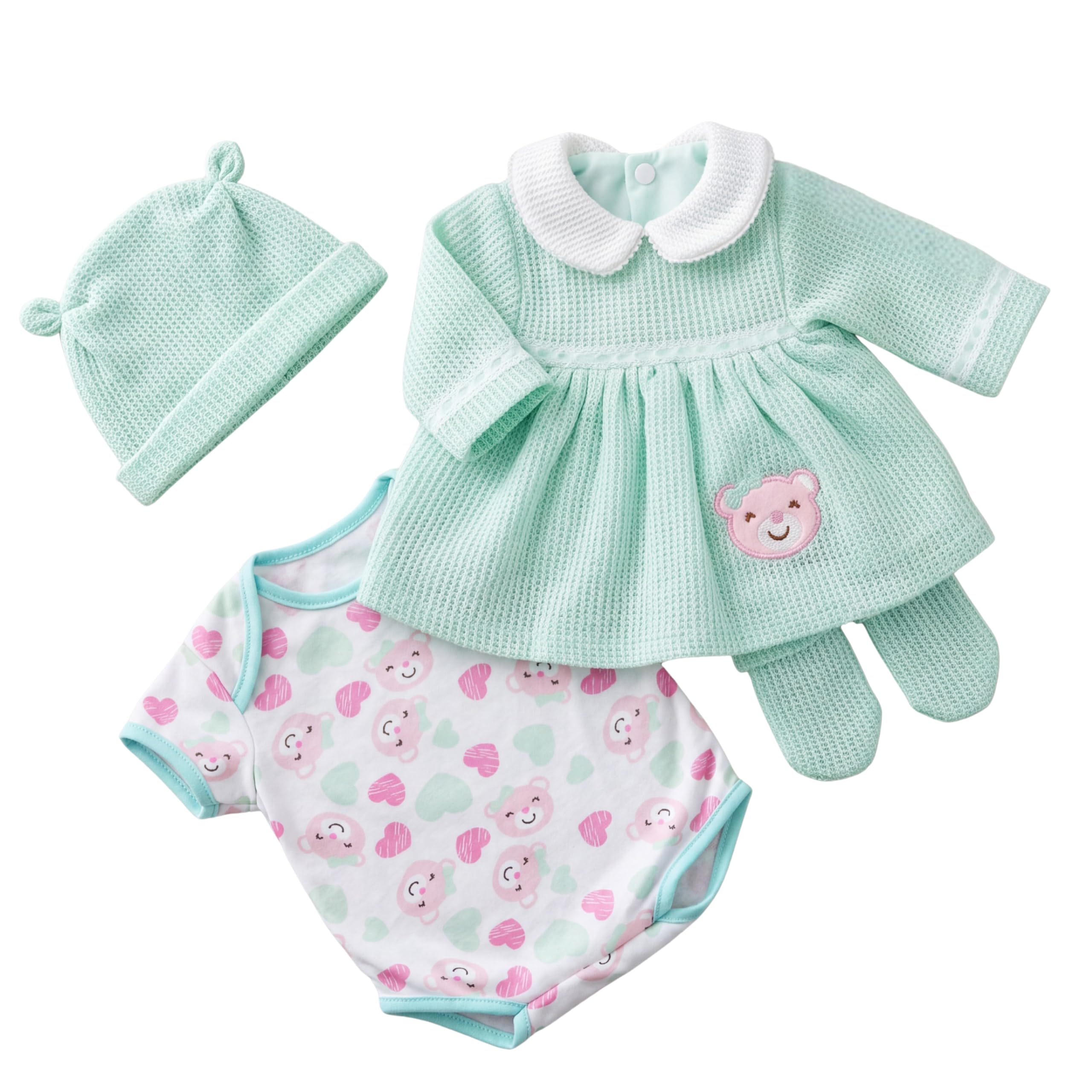 BiBi Doll Baby Girl Doll & Reborn Clothes Set, 20" (50cm) - Mint Green Bear Dress Outfit with Matching Hat & Mittens - Role Play Toys & Accessories for Girls & Boys