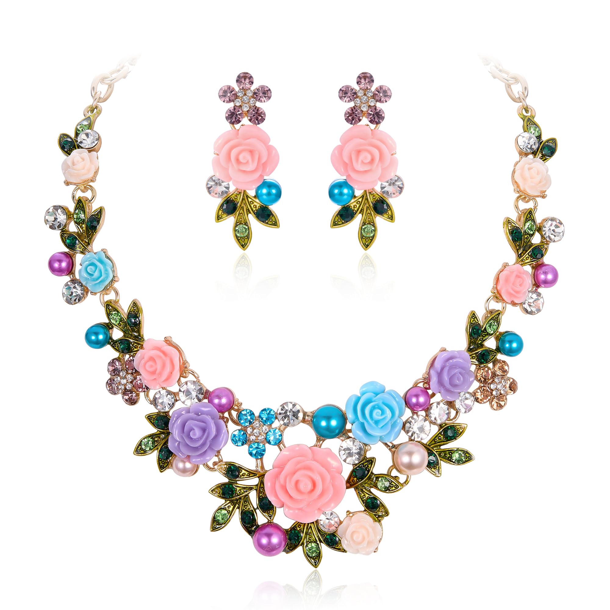Crystal Simulated Pearl Rose Flower Leaf Necklace Earrings Bracelet Set Gold-Tone-image-43