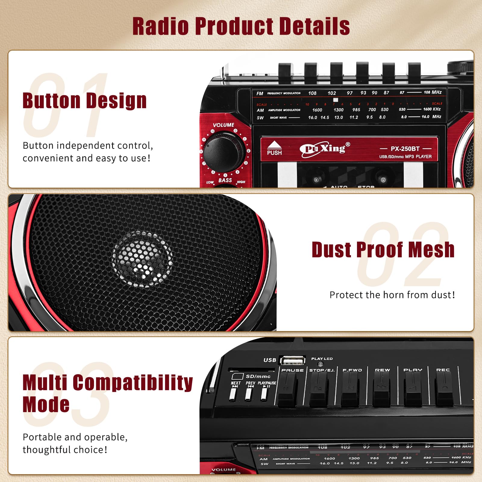 Lecteur de cassette, lecteur de cassettes portable, supporte la bande de fréquence FM/AM/SW, magnétophone, compatible avec cassette/Bluetooth/insertion de carte/enregistrement, fonctionne avec piles