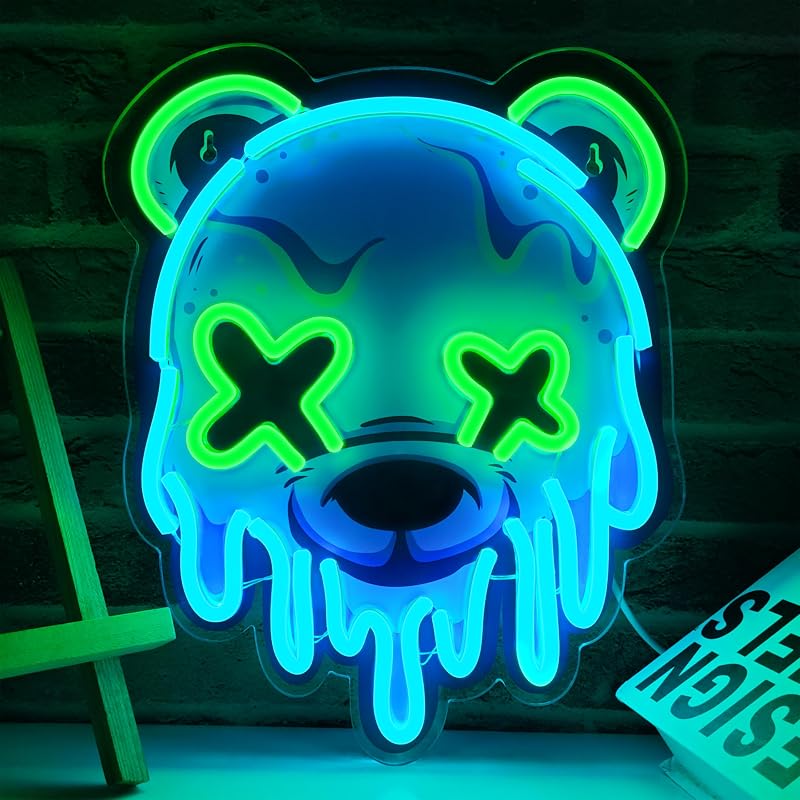 Letrero de neón de oso de hielo, letrero LED fresco para decoración de pared, alimentado por USB, brillo ajustable, luz LED de oso de anime para dormitorio, bar, pub, fiesta, decoración de cueva de hombre, regalo único para adolescentes