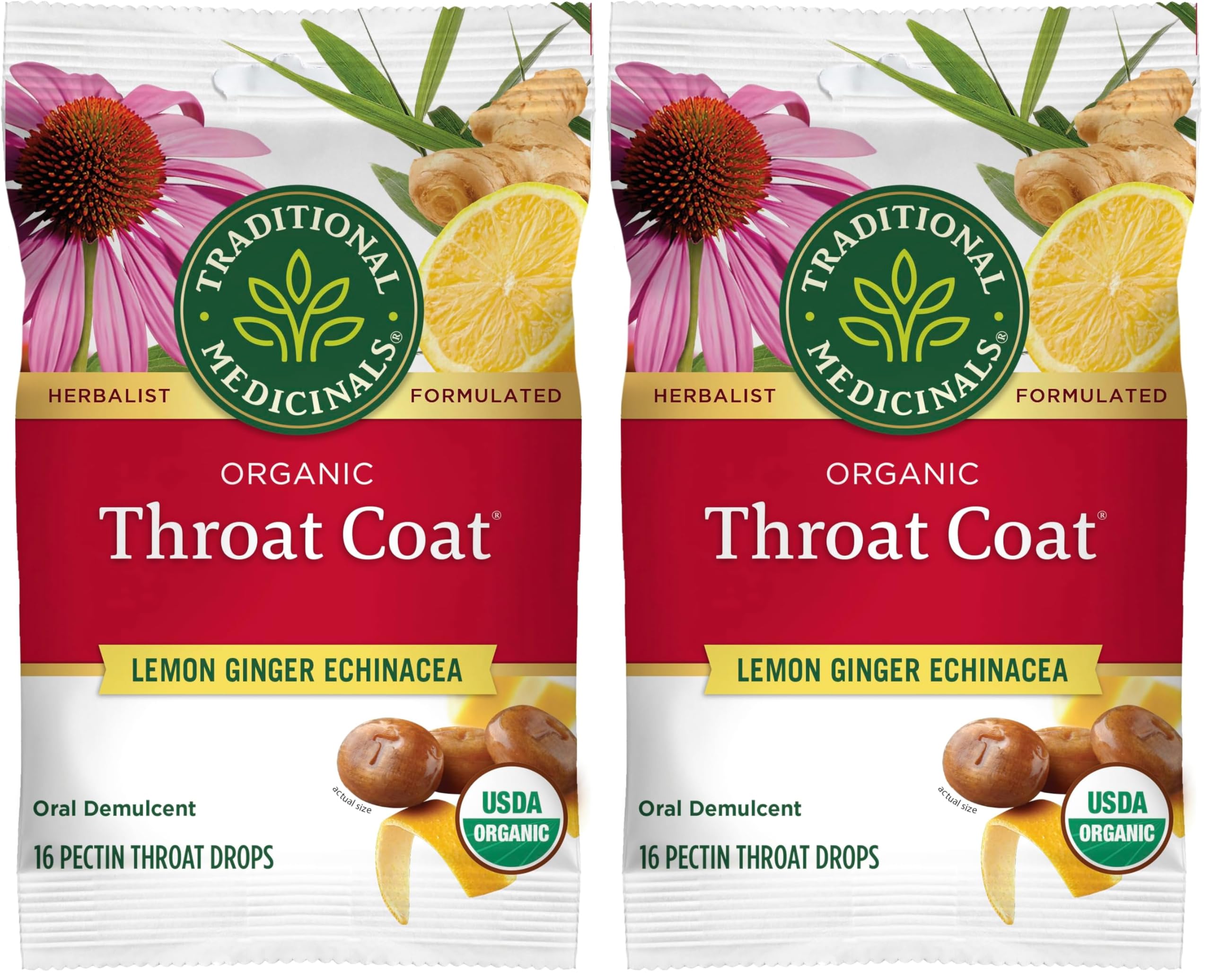 Traditional Medicinals Organic, Throat Coat Lozenges, Lemon Ginger Echinacea - Herbal Cough Drops, Helps Soothe Sore Throat - Non-GMO, Stimulant-Free - 16 Count (Pack of 2)