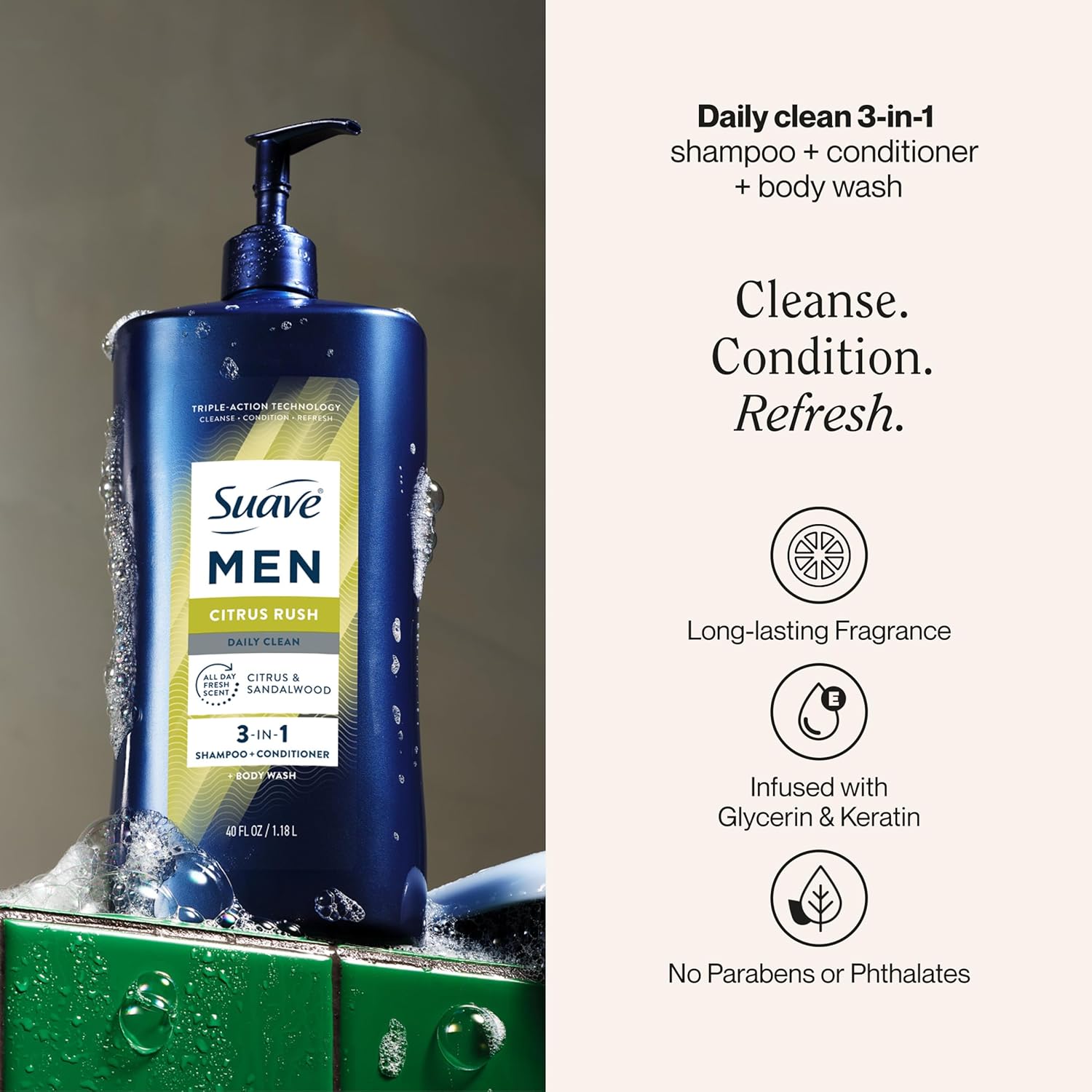 Suave Men Citrus Rush Daily Clean 3 in 1 Shampoo, Conditioner & Body Wash with Glycerin & Keratin Hydrates & Smooths Hair, Citrus Scent, 4 Count, 40 FL OZ Pump