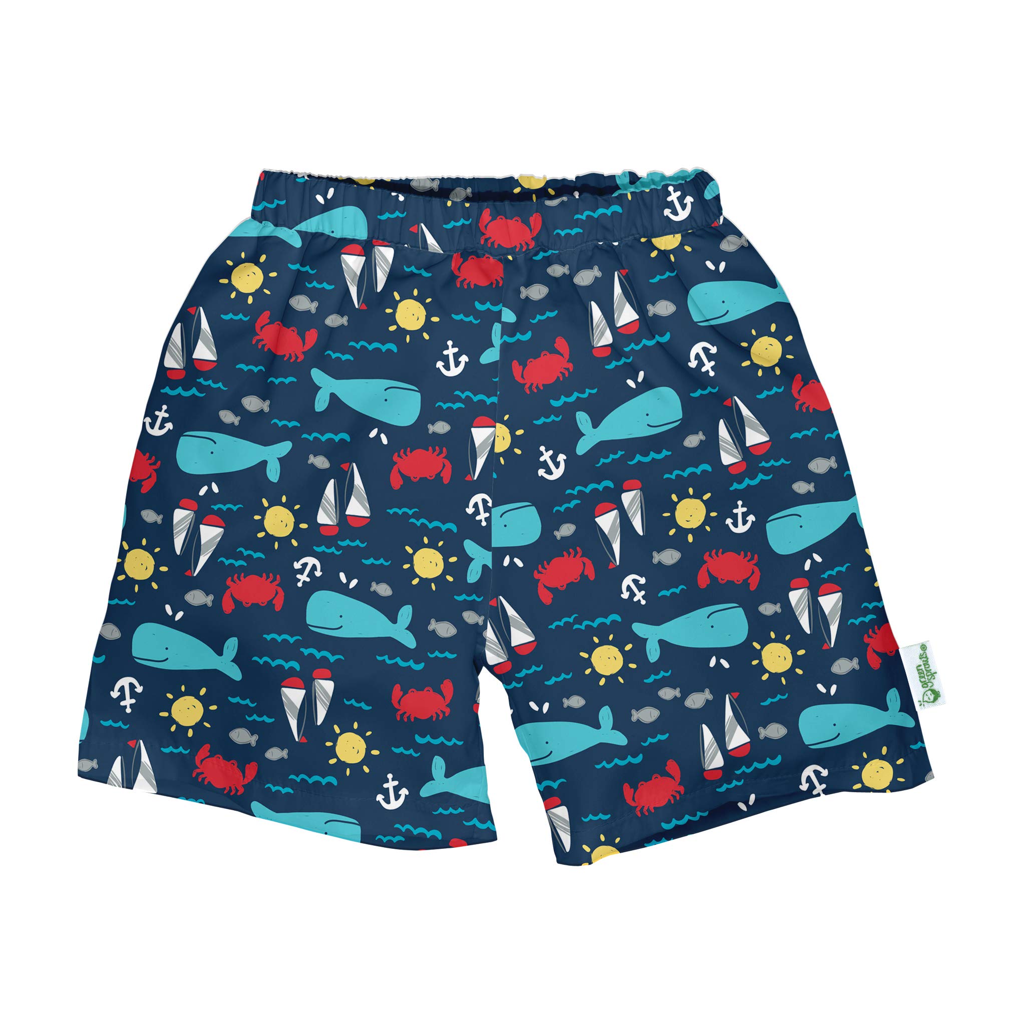 i play. by green sprouts Baby Boys' Classic Trunks with Built-in Reusable Swimsuit Diaper Swim, Navy Nautical Whale, 18 Months