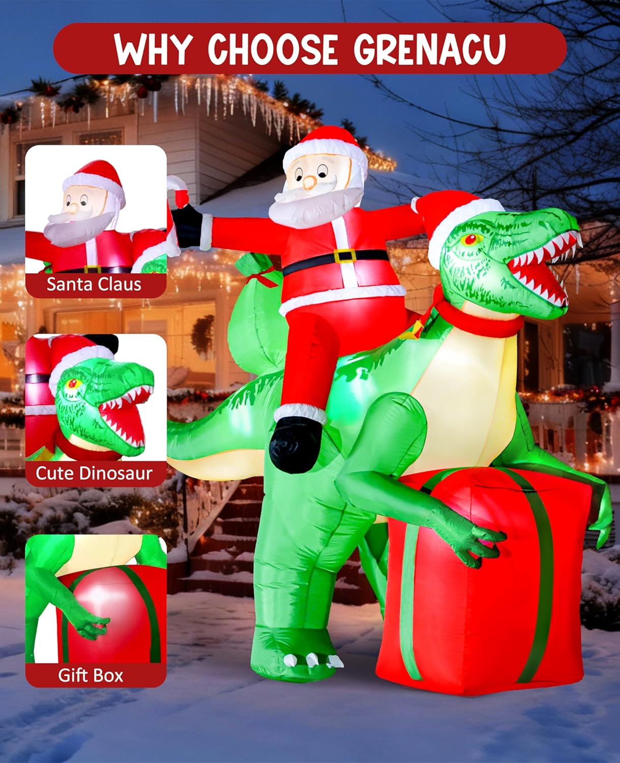 9x7.38ft Christmas Inflatables Santa Riding Dinosaur with Built-in LED,Dinosaur Inflatable Christmas Blow Up Yard Decorations with Water Bags Stakes Strings Gift Bag for Garden Yard Party Lawn