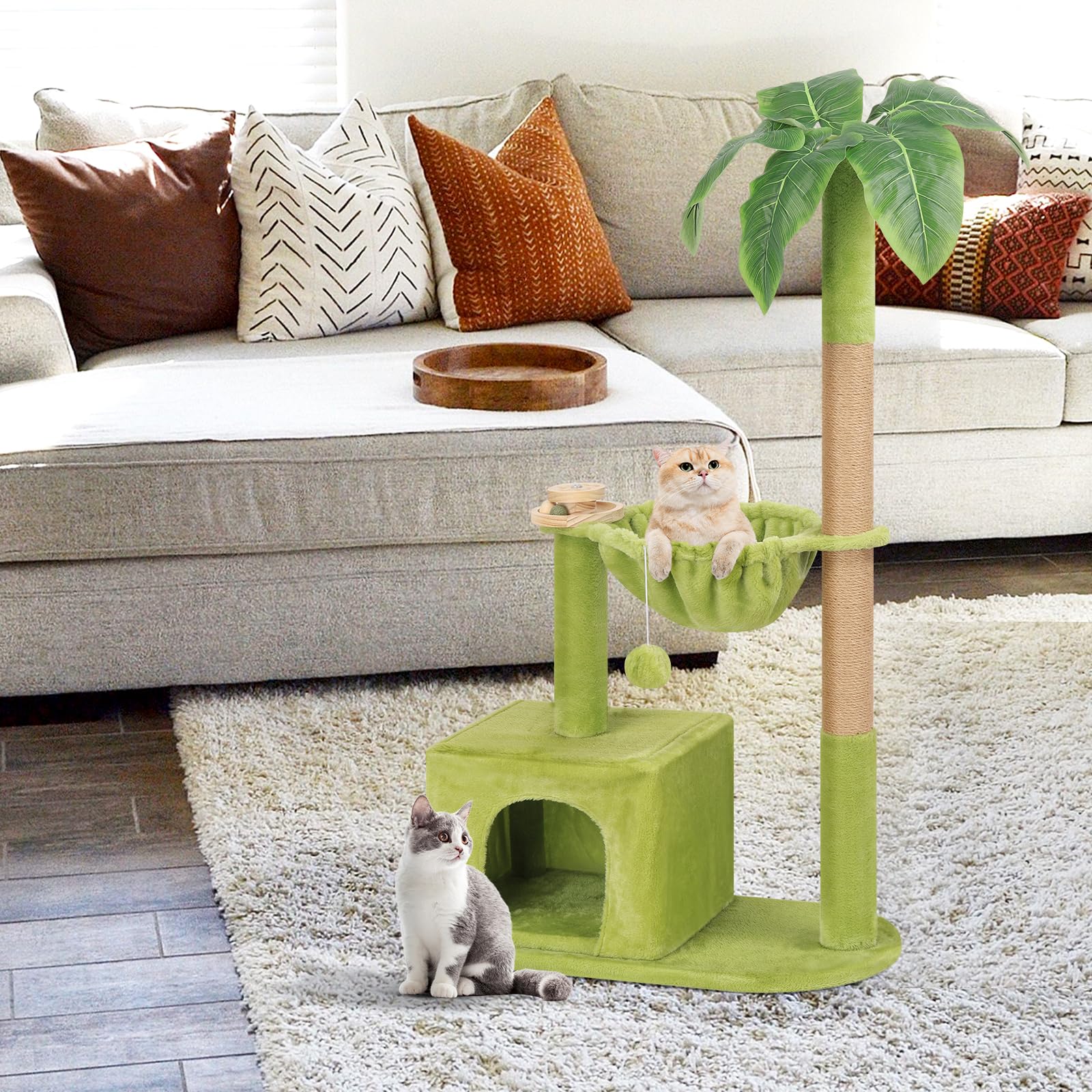 Cat Tree for Indoor Cats, Cat Tower with Large Hammock, Cat Condo Cat House Dangling Ball and Palm Leaf, Scratching Post for Indoor Kittens and Cats(Green)